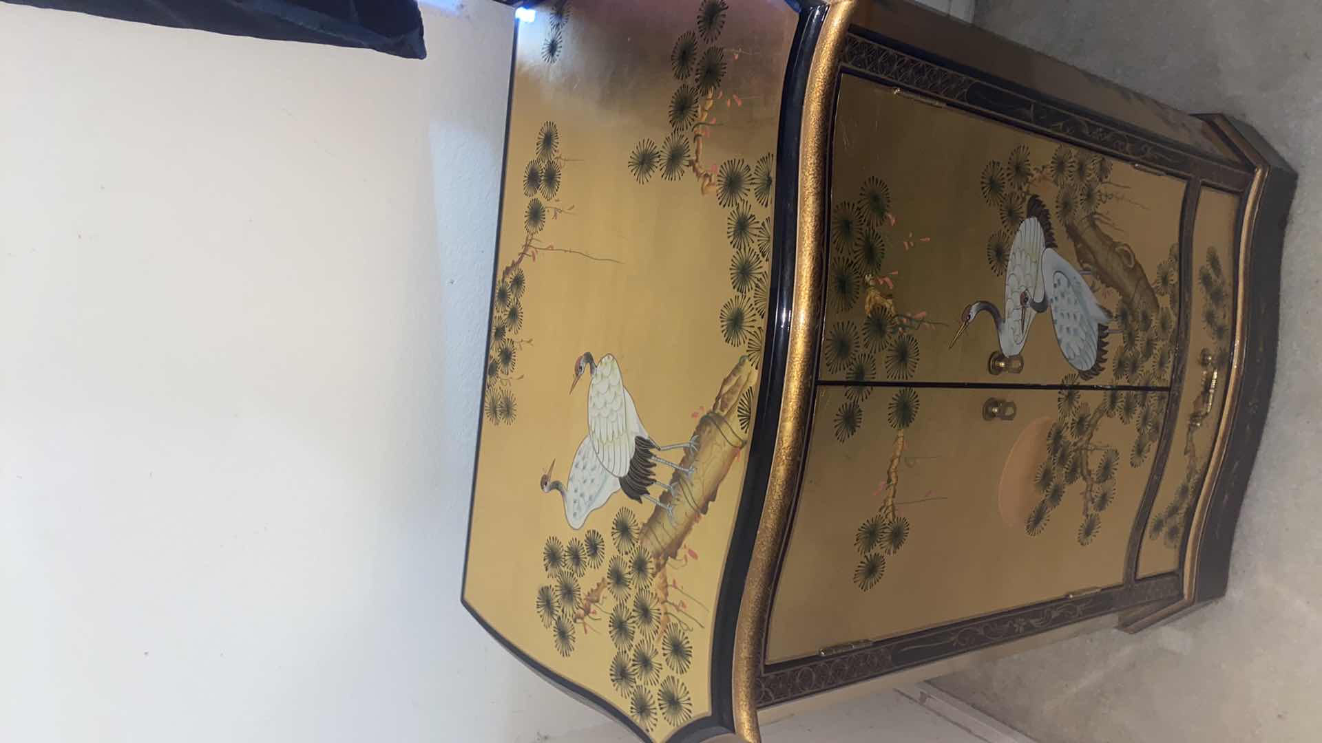 Photo 1 of GOLD LEAF LACQUER CABINET CRANES MOTIF W/2 DOORS 1 DRAWER 28“ x 18“ H35”