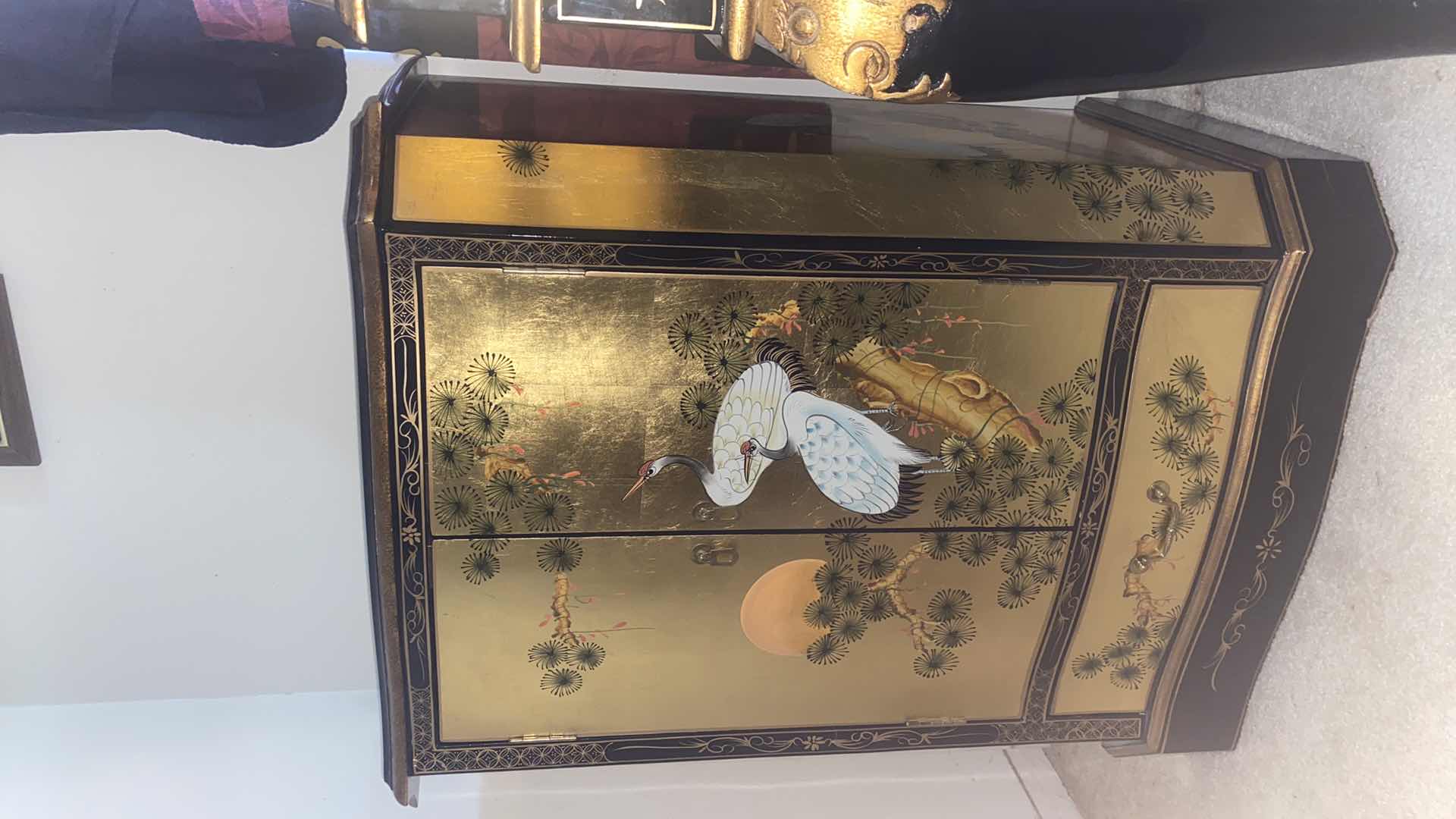 Photo 1 of GOLD LEAF LACQUER CABINET CRANES MOTIF W/2 DOORS 1 DRAWER 28“ x 18“ H35”