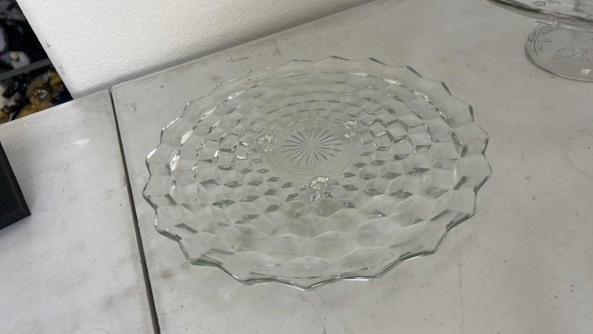 Photo 1 of GLASS CRYSTAL ASSORTMENT- CAKE STAND WITH LID, BOWL, PLATTER