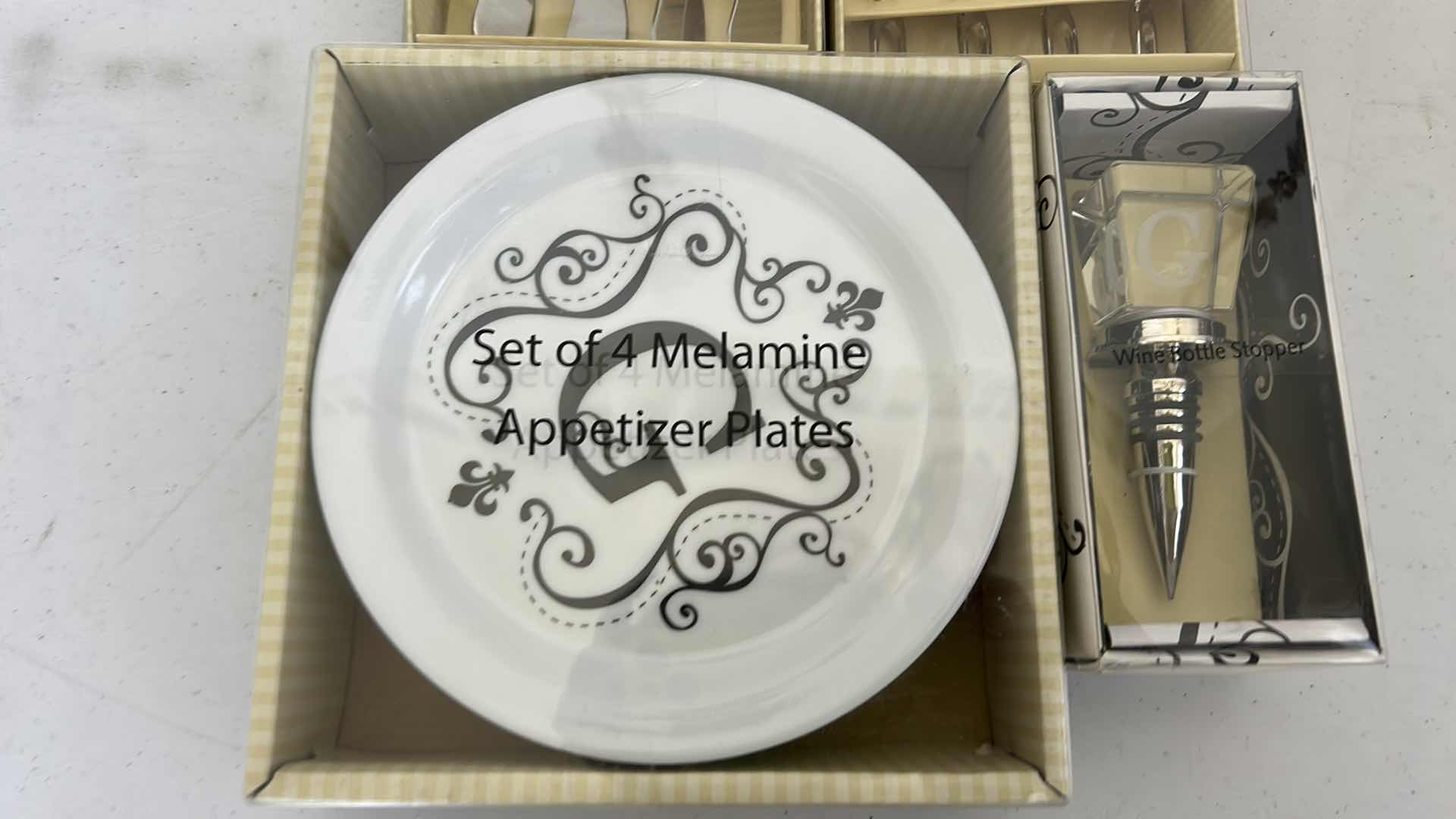Photo 1 of NEW MONOGRAM “G” COCKTAIL SPEADERS, FORKS, WINE STOPPER AND APPETIZER PLATES