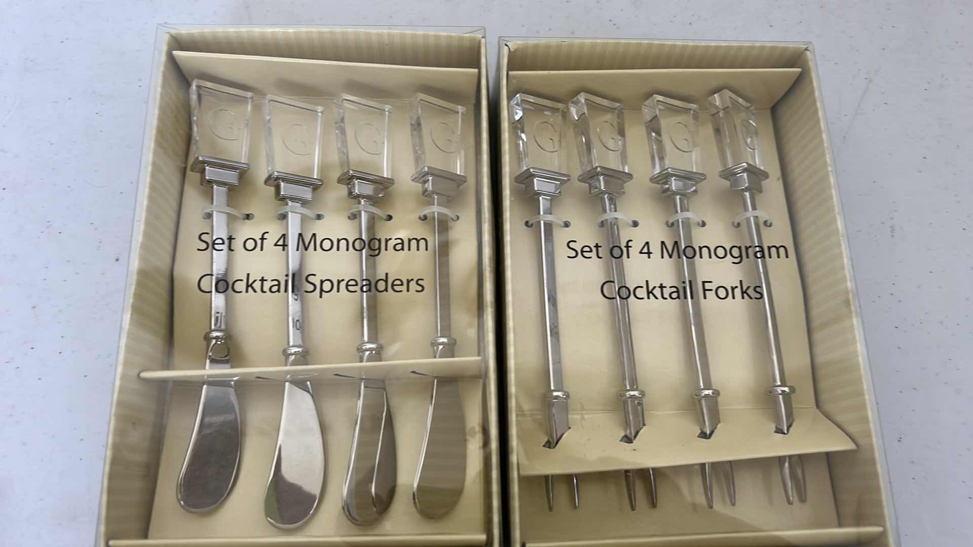 Photo 1 of NEW MONOGRAM “G” COCKTAIL SPEADERS, FORKS, WINE STOPPER AND APPETIZER PLATES