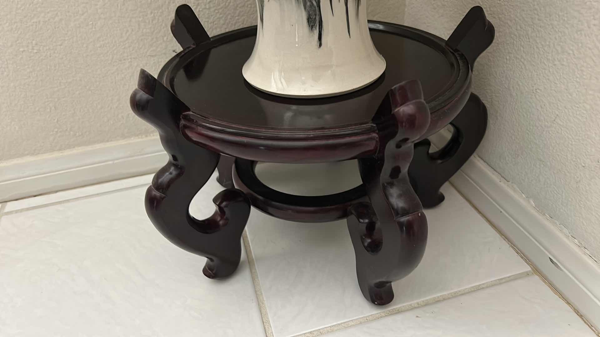 Photo 1 of ASIAN INSPIRED PORCELAIN VASE H15” WOOD STAND AND PORCELAIN FLOWERS FROM ITALY AND FAUX FLOWERS