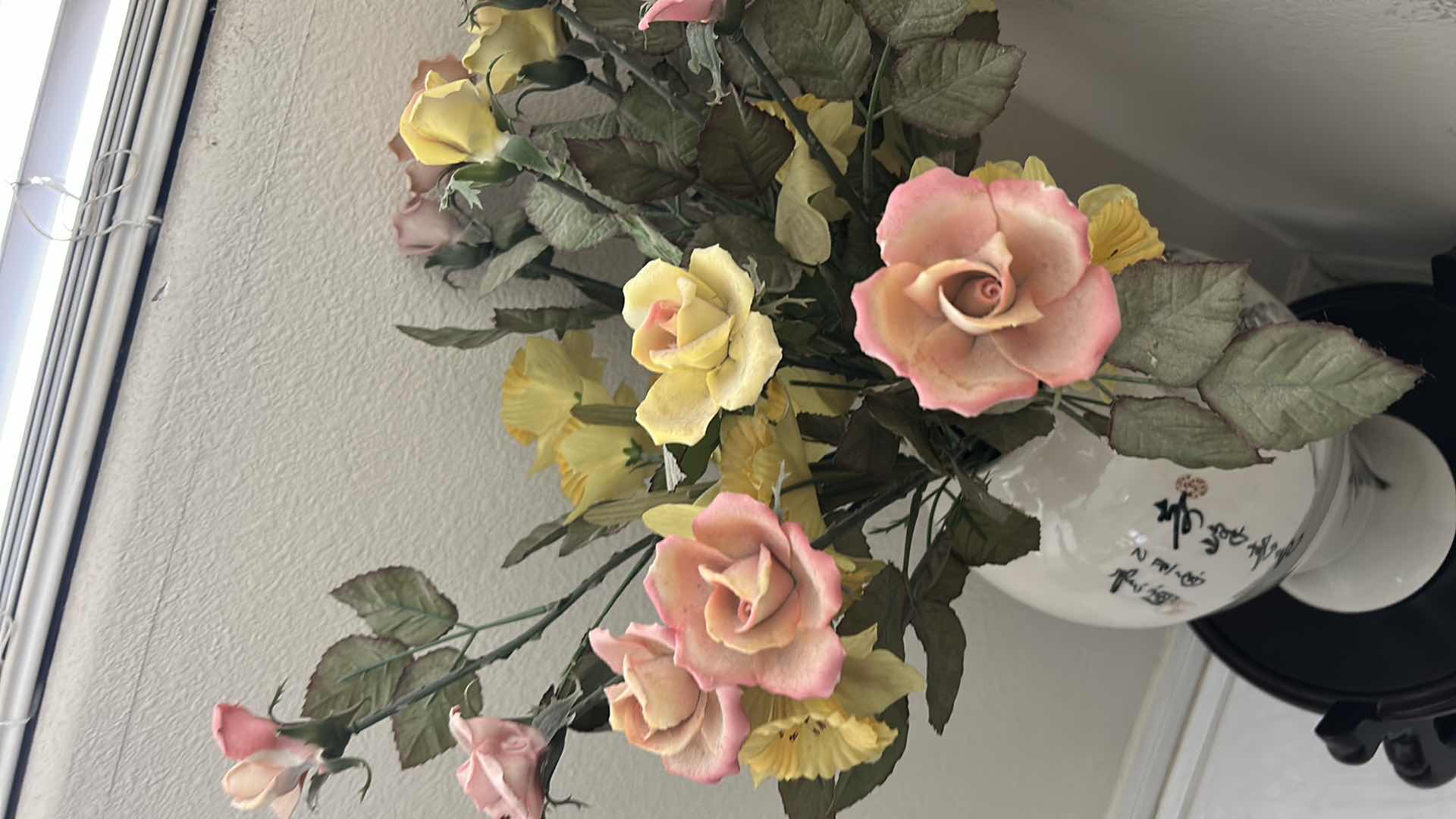 Photo 1 of ASIAN INSPIRED PORCELAIN VASE H15” WOOD STAND AND PORCELAIN FLOWERS FROM ITALY AND FAUX FLOWERS