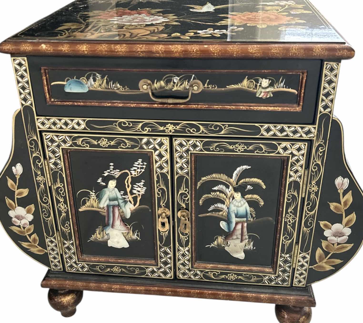 Photo 1 of ORIENTAL BLACK LACQUER END TABLE WITH INTRICATE INLAY. 25.5” x 13.5” X H23.5”