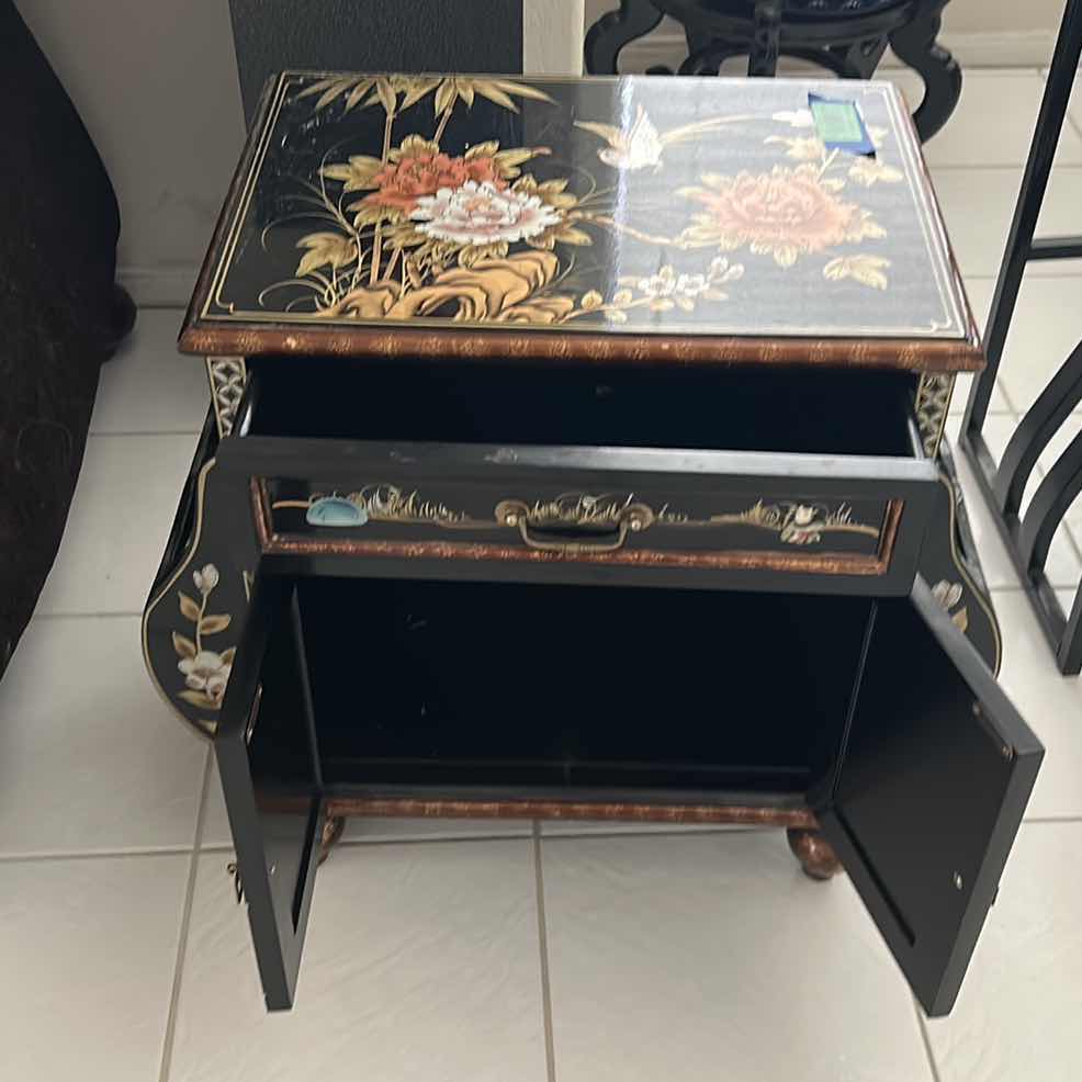 Photo 1 of ORIENTAL BLACK LACQUER END TABLE WITH INTRICATE INLAY. 25.5” x 13.5” X H23.5”
