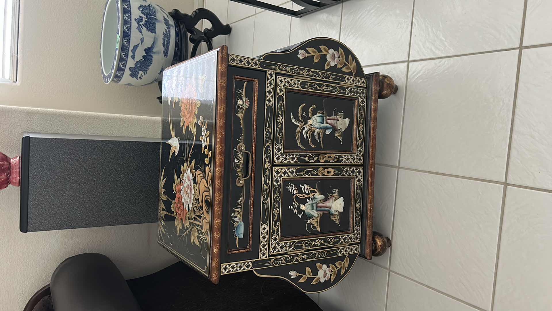 Photo 1 of ORIENTAL BLACK LACQUER END TABLE WITH INTRICATE INLAY. 25.5” x 13.5” X H23.5”