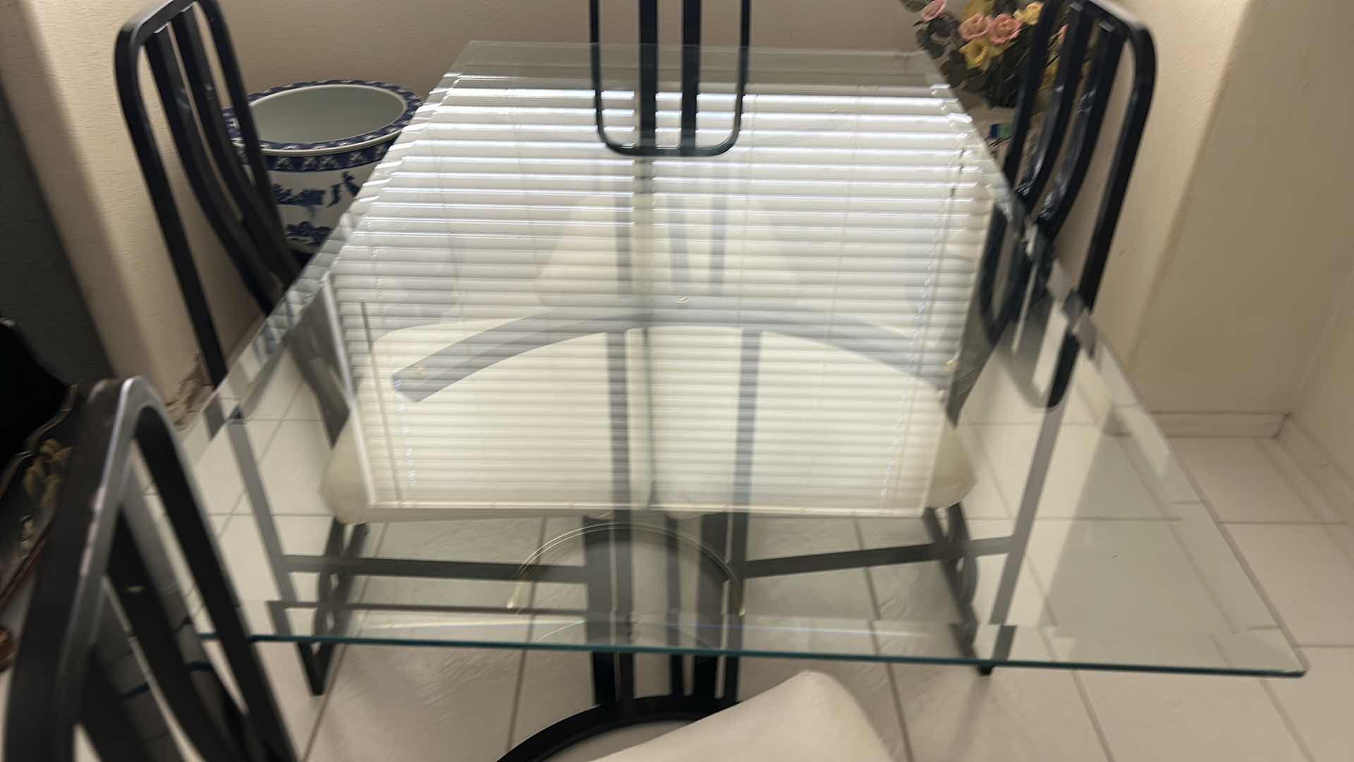 Photo 1 of METAL BEVELED GLASS TOP TABLE AND 4 CHAIRS 3’ X 5’ X H30”