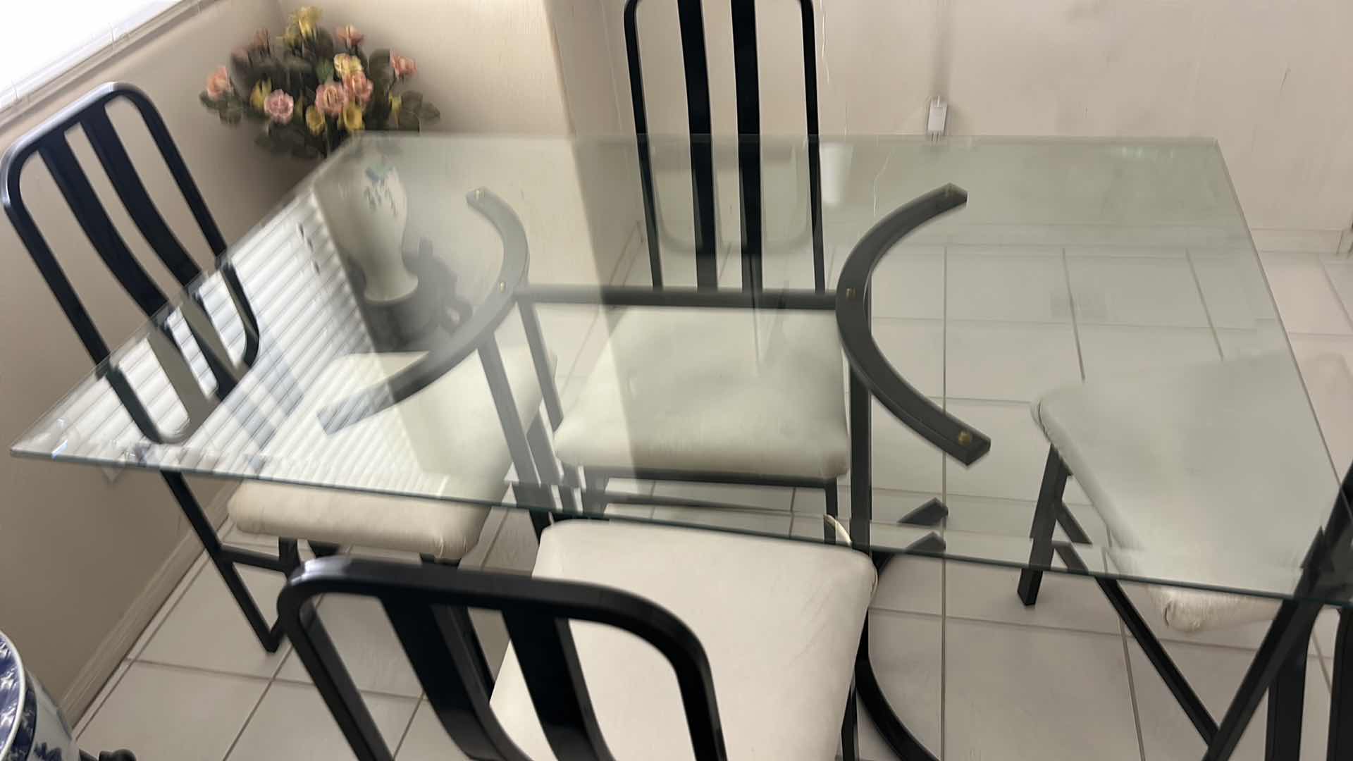 Photo 1 of METAL BEVELED GLASS TOP TABLE AND 4 CHAIRS 3’ X 5’ X H30”