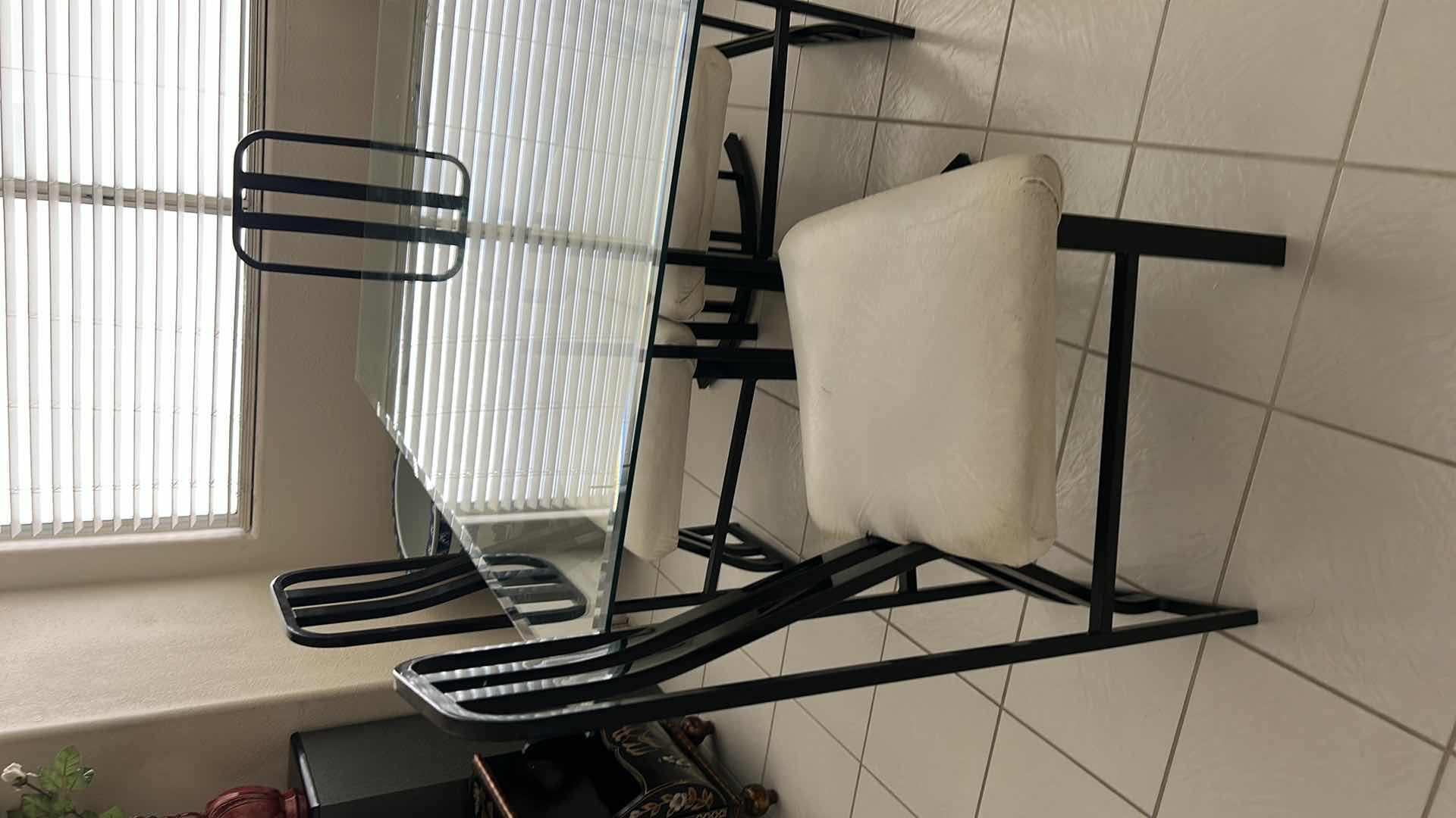 Photo 1 of METAL BEVELED GLASS TOP TABLE AND 4 CHAIRS 3’ X 5’ X H30”