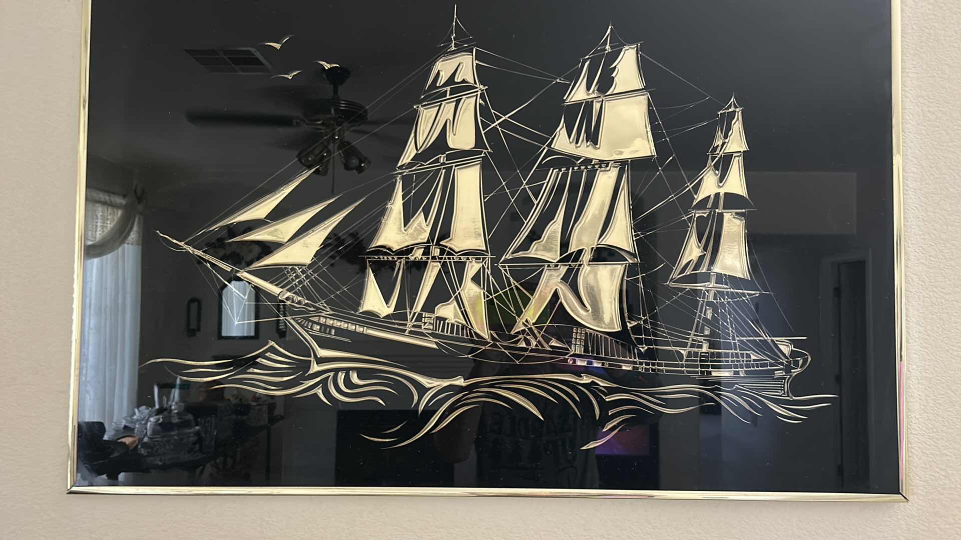 Photo 1 of GOLD FRAMED BLACK AND GOLD CUTTER SHIP ARTWORK 3’ x 2’
