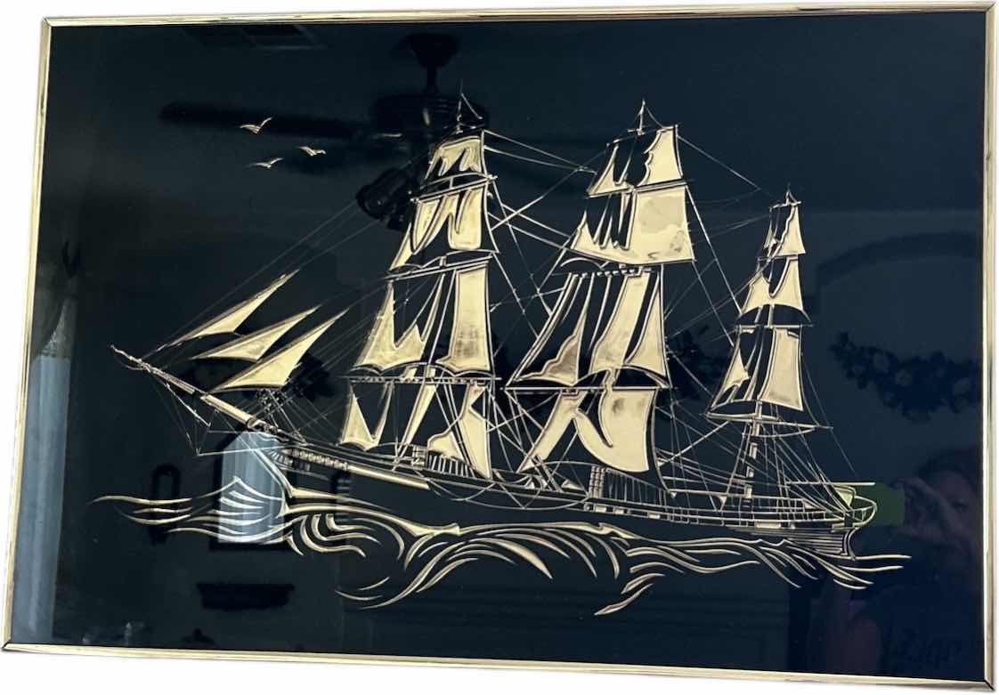 Photo 1 of GOLD FRAMED BLACK AND GOLD CUTTER SHIP ARTWORK 3’ x 2’