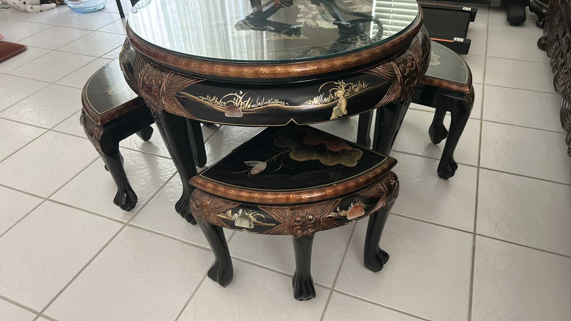 Photo 1 of BLACK LACQUER CHINOISERIE COFFEE TABLE SET 33” X H21”