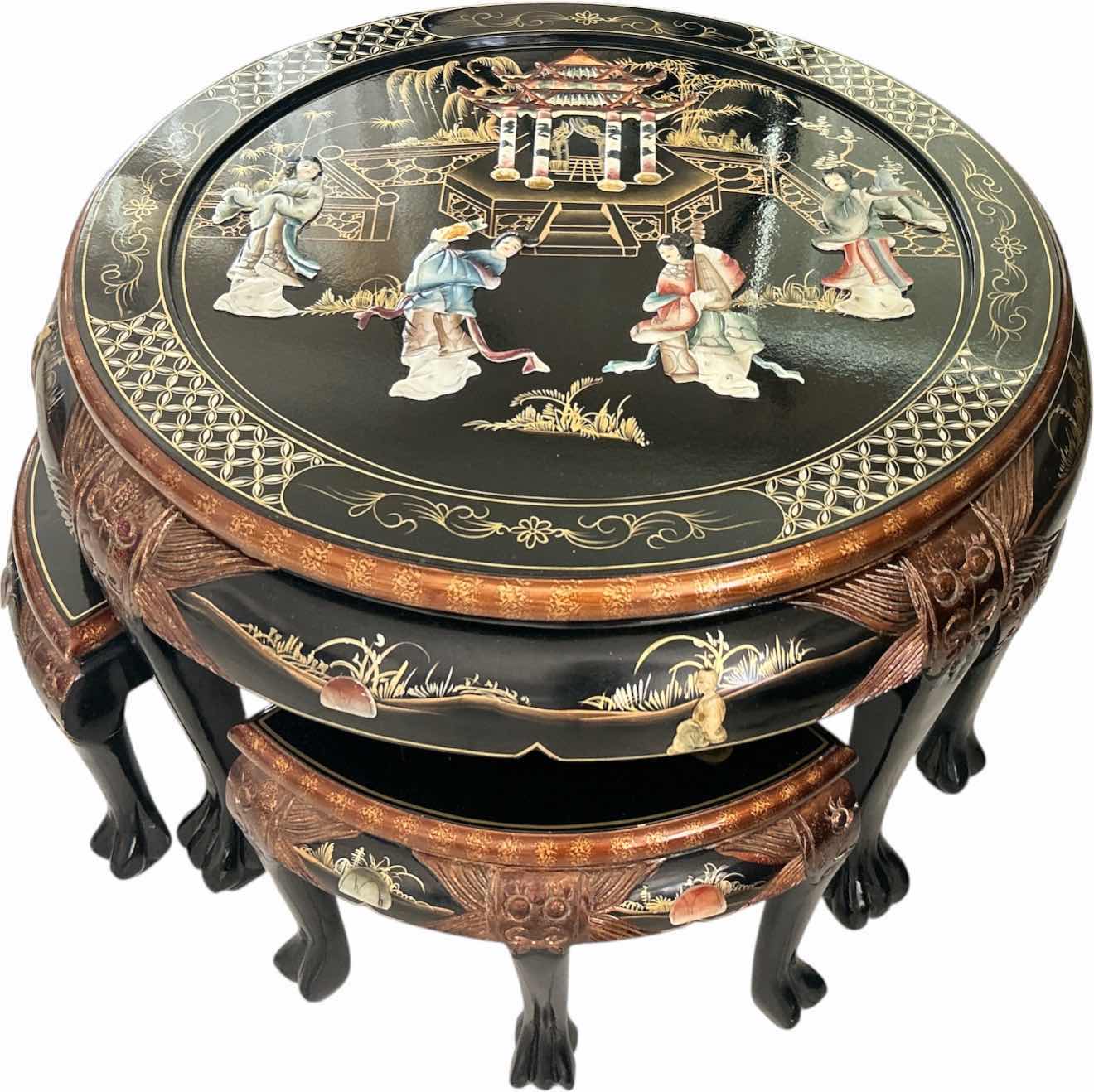 Photo 1 of BLACK LACQUER CHINOISERIE COFFEE TABLE SET 33” X H21”