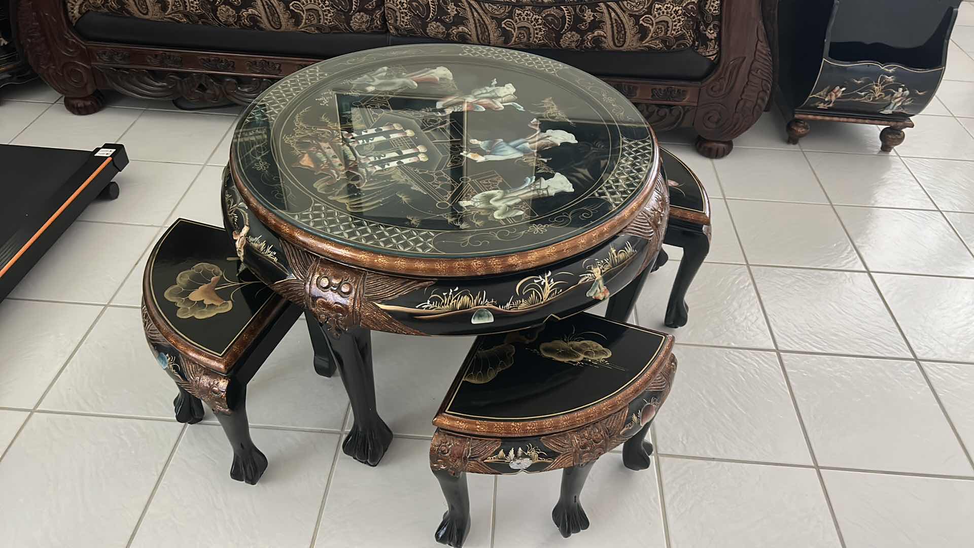 Photo 1 of BLACK LACQUER CHINOISERIE COFFEE TABLE SET 33” X H21”