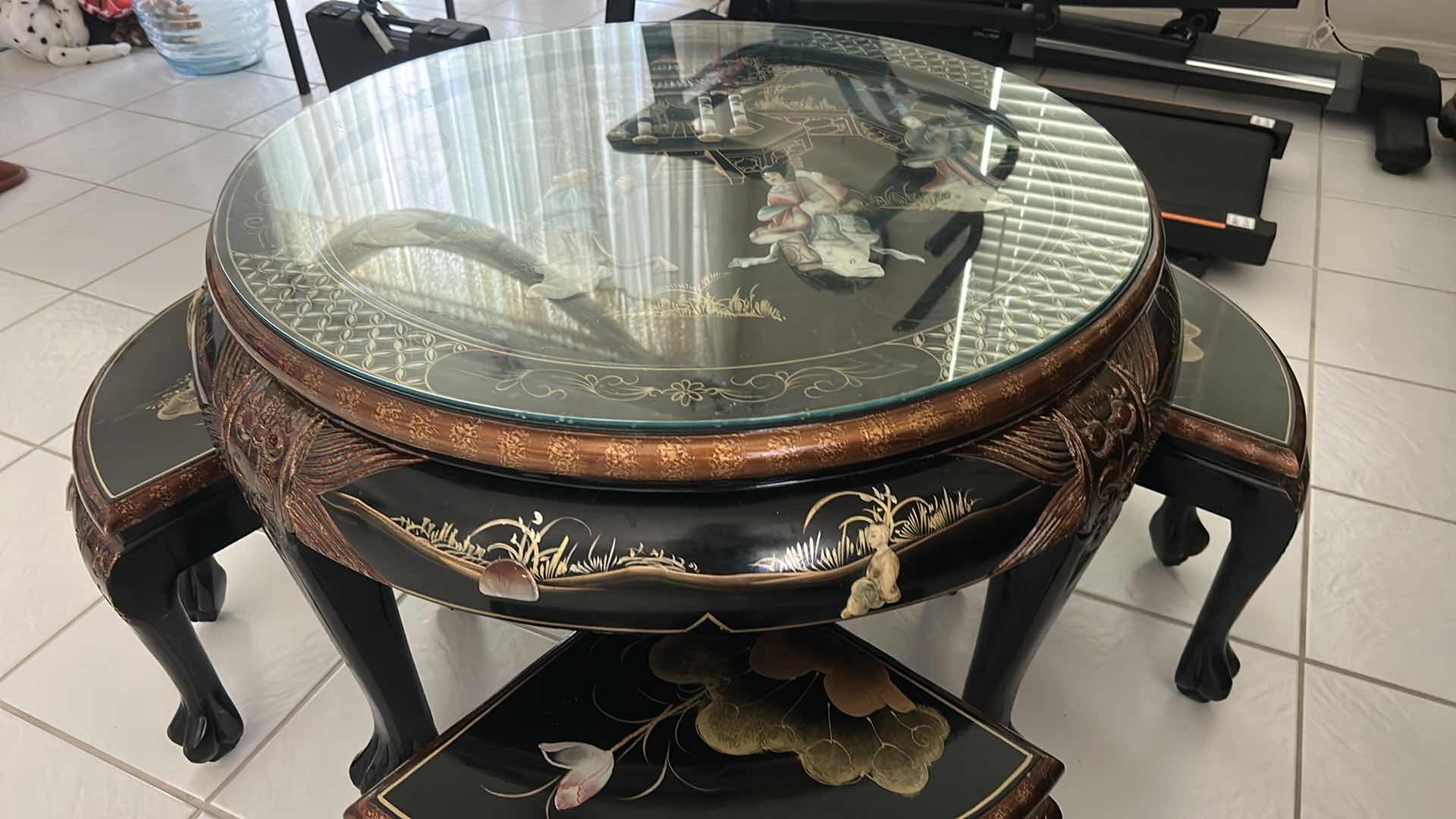 Photo 1 of BLACK LACQUER CHINOISERIE COFFEE TABLE SET 33” X H21”
