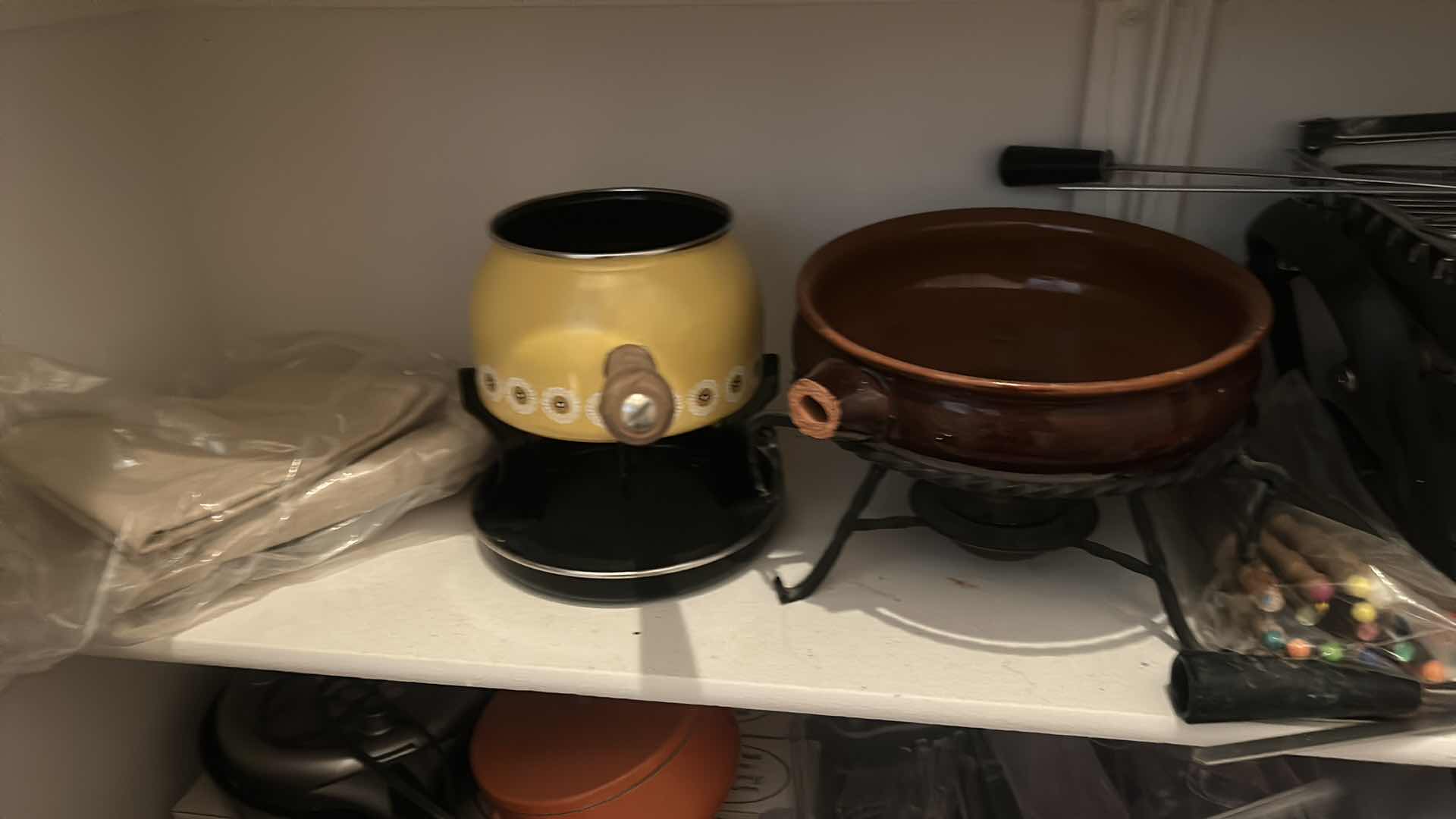 Photo 1 of SHELF OF KITCHEN ACCESSORIES, FARBERWARE OPEN HEARTH ELECTRIC BROILER, FONDUE POTS