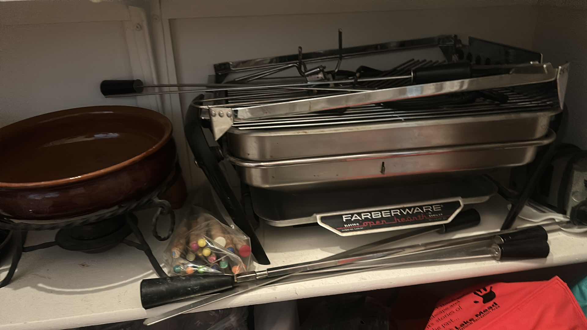 Photo 1 of SHELF OF KITCHEN ACCESSORIES, FARBERWARE OPEN HEARTH ELECTRIC BROILER, FONDUE POTS
