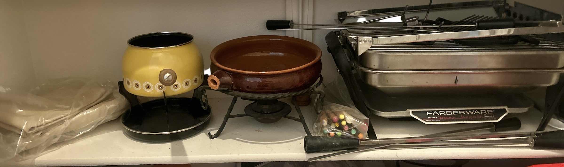 Photo 1 of SHELF OF KITCHEN ACCESSORIES, FARBERWARE OPEN HEARTH ELECTRIC BROILER, FONDUE POTS