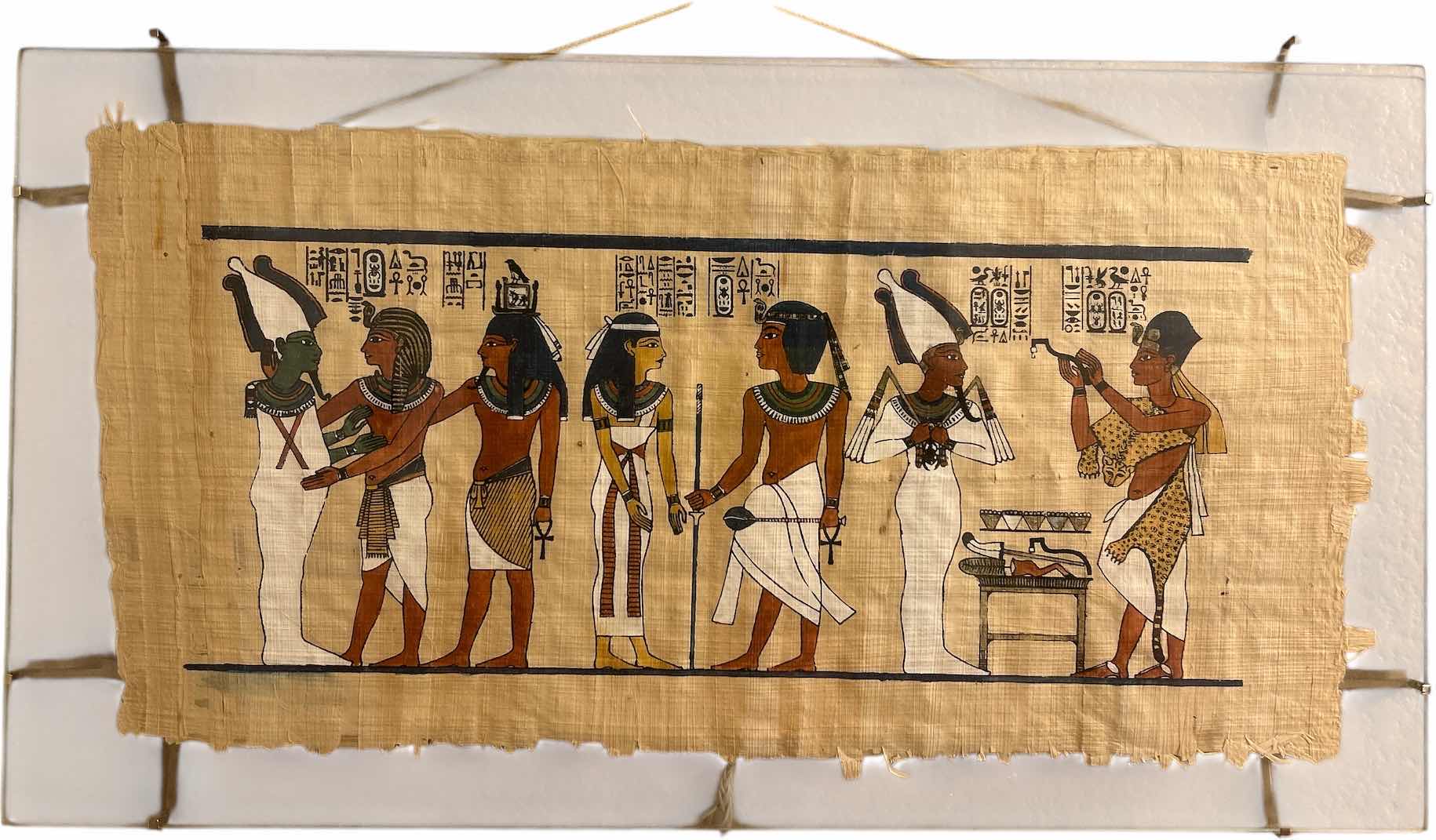 Photo 1 of FRAMED, PAINTED PAPYRUS PIECE FROM THE TOMB OF TUTANKHAMON EGYPTIAN ARTWORK WITH COA, THE PIECE MESSURES 15 1/2” x H7 1/2”