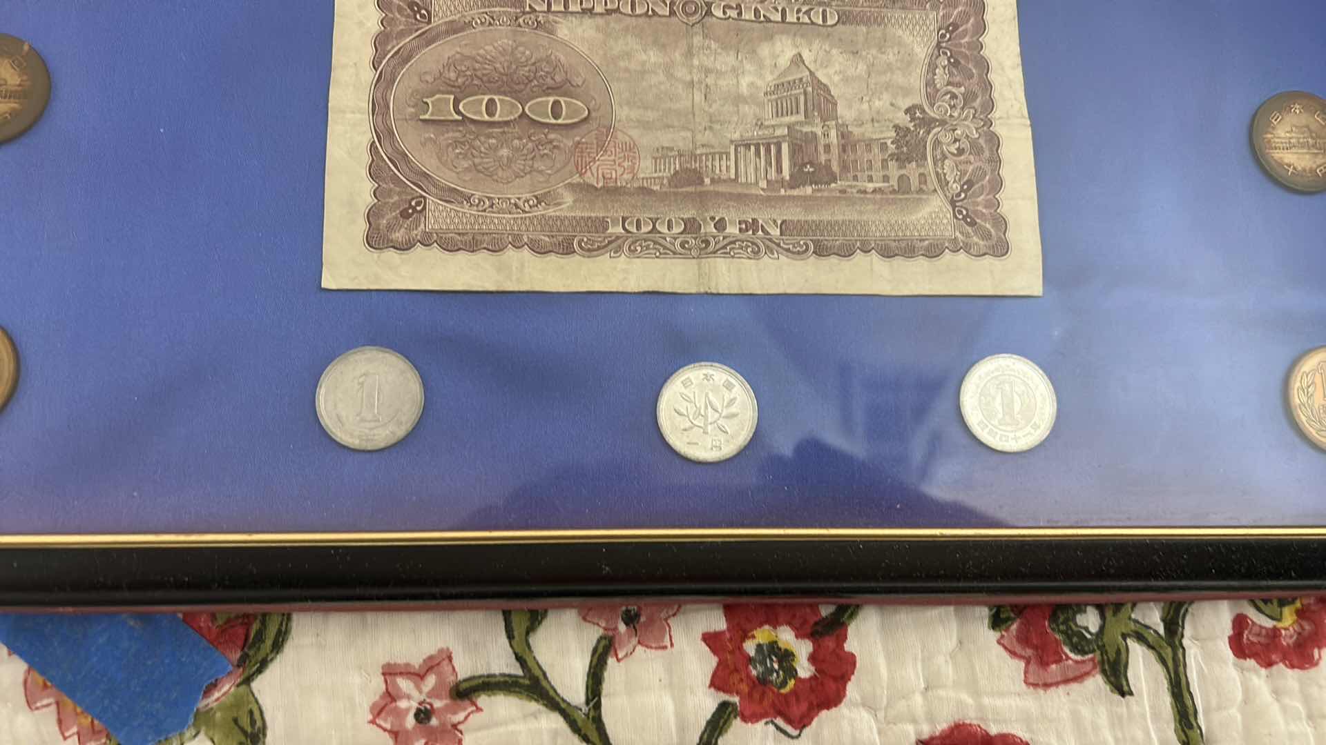 Photo 1 of FRAMED MONEY COLLECTION - PAPER BILLS AND COIN 16” x H20”