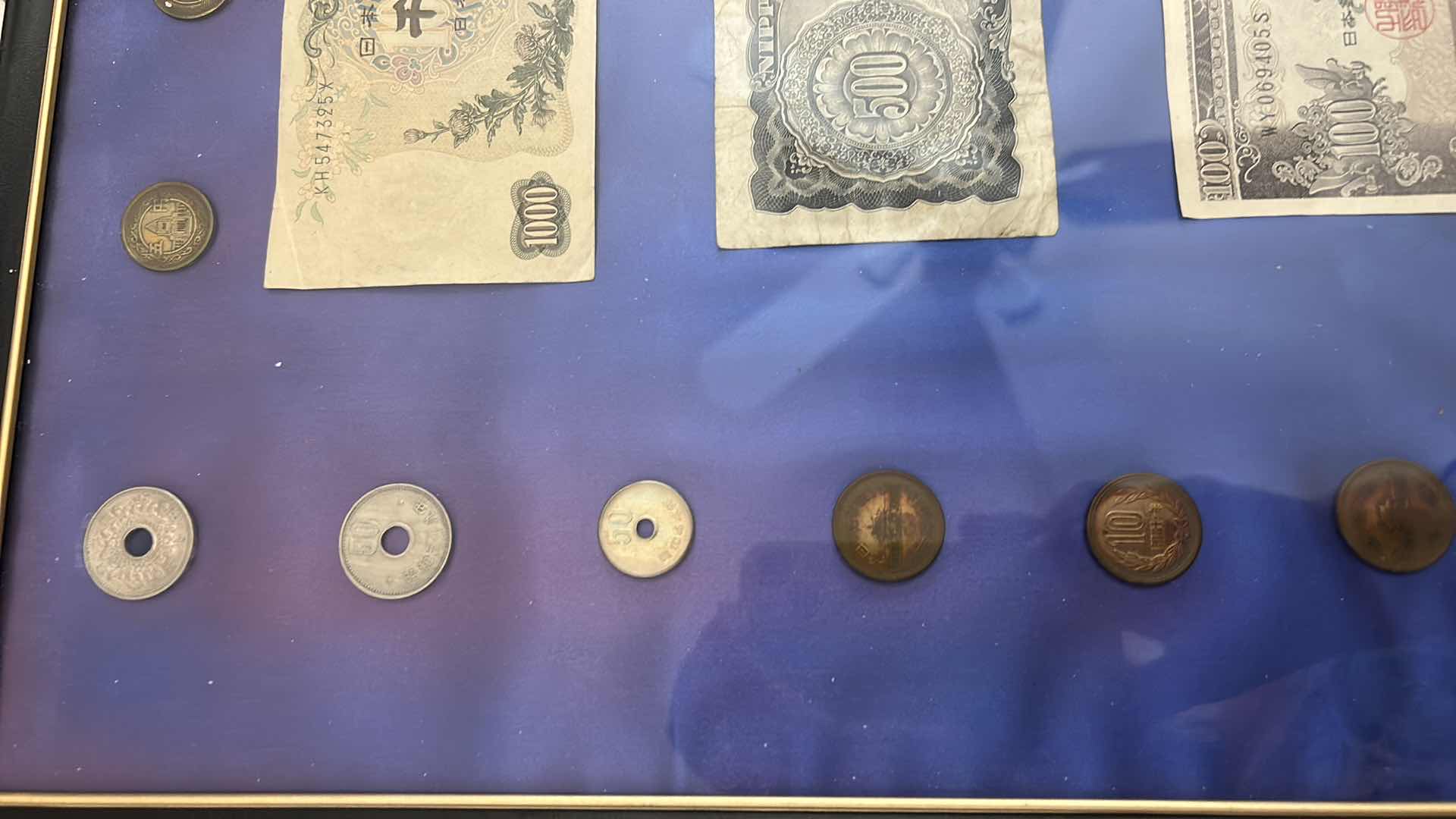 Photo 1 of FRAMED MONEY COLLECTION - PAPER BILLS AND COIN 16” x H20”