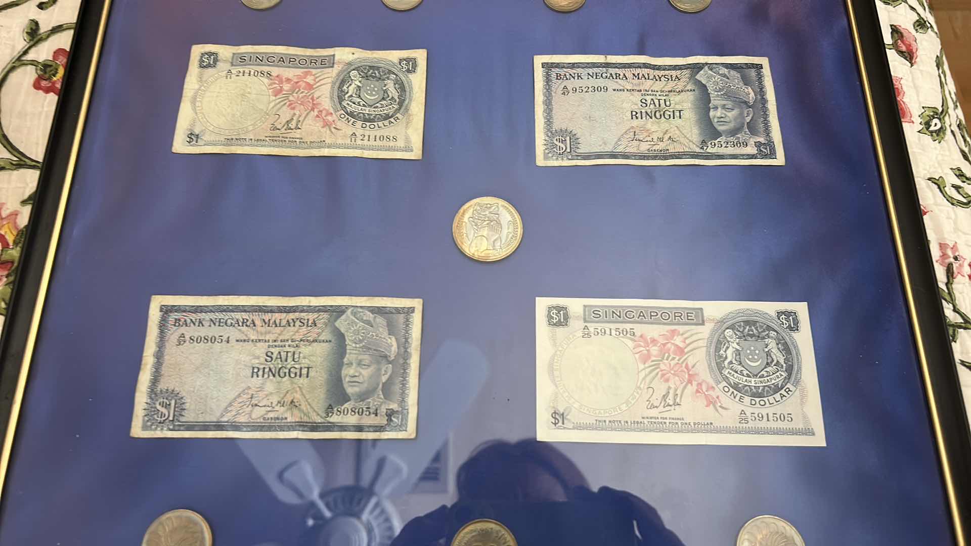 Photo 1 of FRAMED MONEY COLLECTION - PAPER BILLS AND COIN 16” x H20”