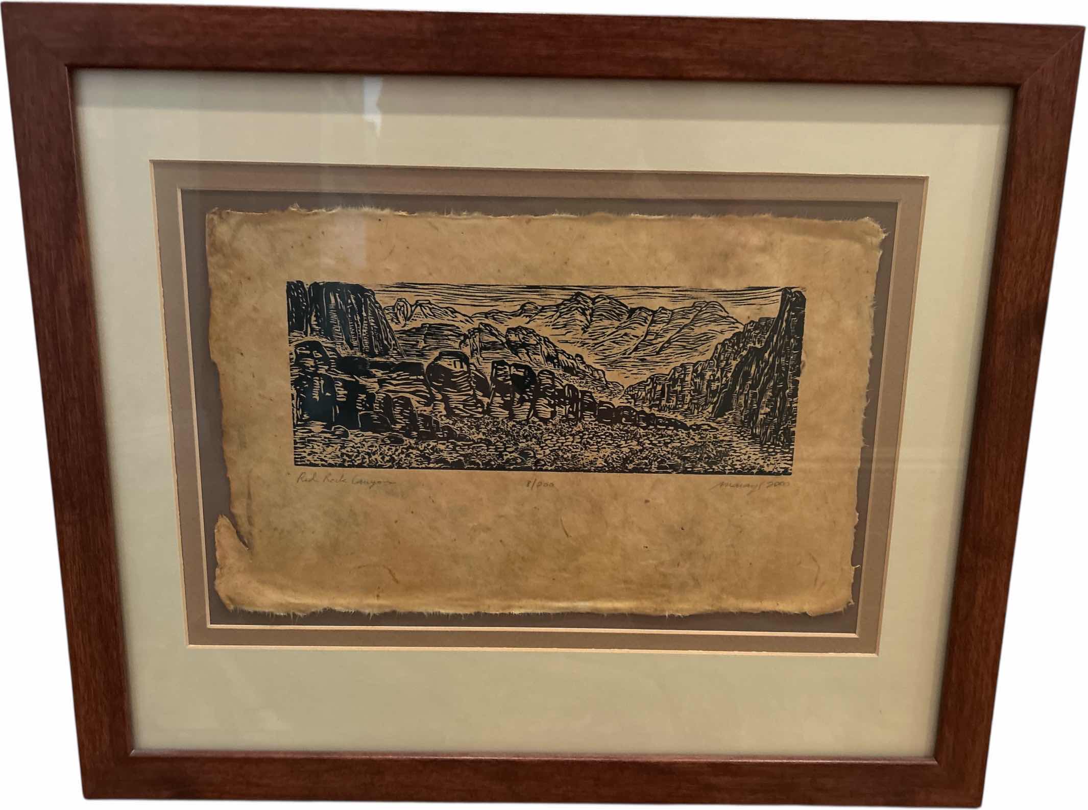 Photo 1 of FRAMED NUMBERED 8/200 SIGNED MARIA ARANGO, ORIGINAL LIMITED EDITION “RED ROCK CANYON”WOODCUT PRINT ARTWORK WITH COA 22” x H18”