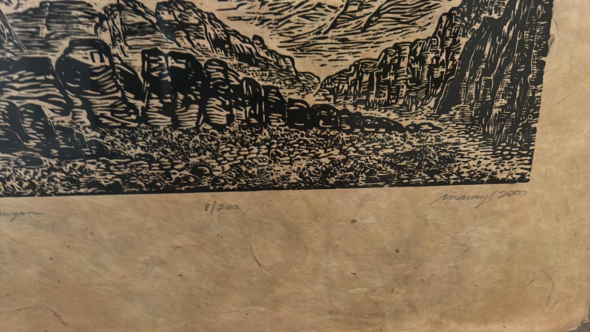Photo 1 of FRAMED NUMBERED 8/200 SIGNED MARIA ARANGO, ORIGINAL LIMITED EDITION “RED ROCK CANYON”WOODCUT PRINT ARTWORK WITH COA 22” x H18”