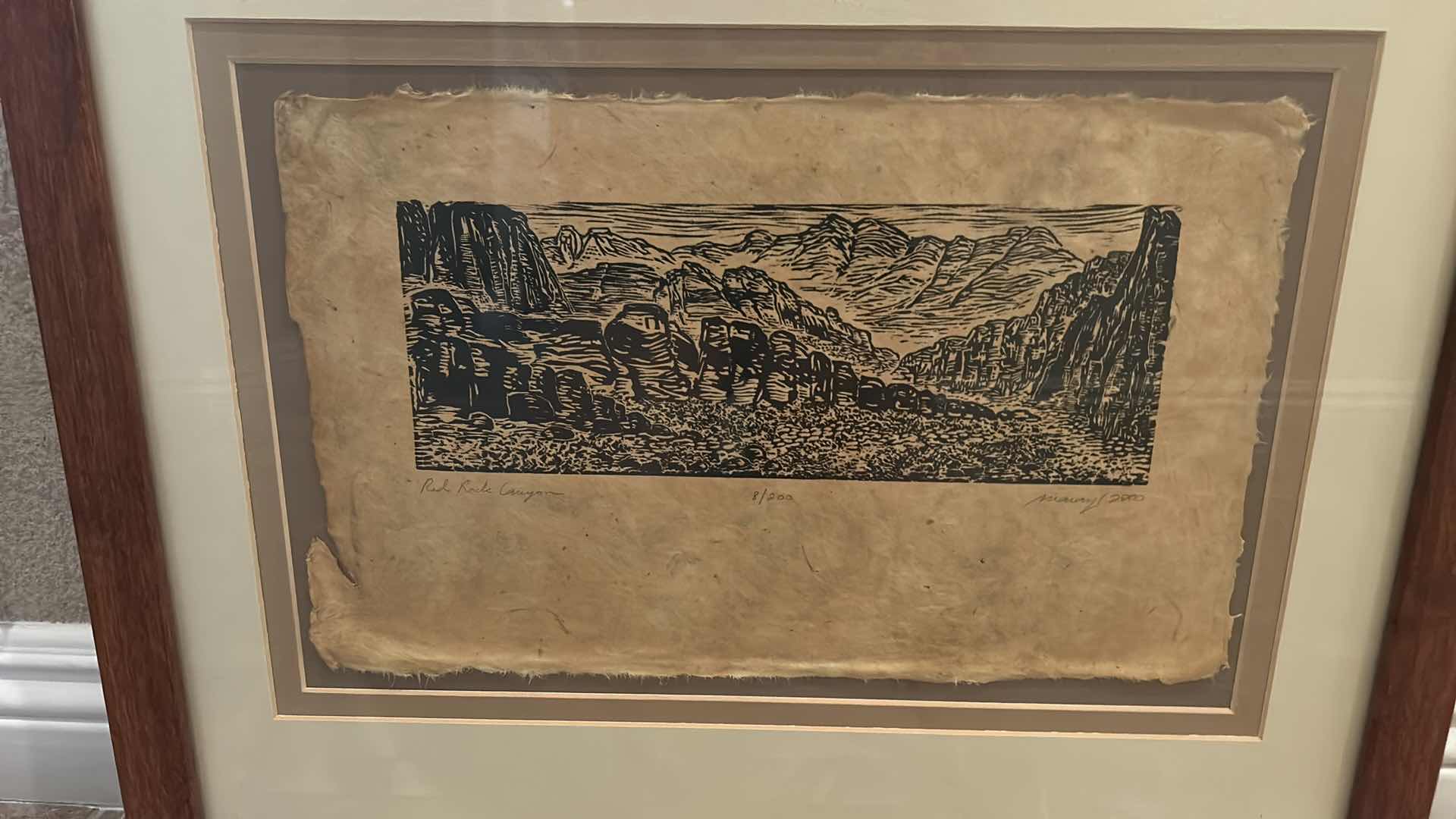 Photo 1 of FRAMED NUMBERED 8/200 SIGNED MARIA ARANGO, ORIGINAL LIMITED EDITION “RED ROCK CANYON”WOODCUT PRINT ARTWORK WITH COA 22” x H18”