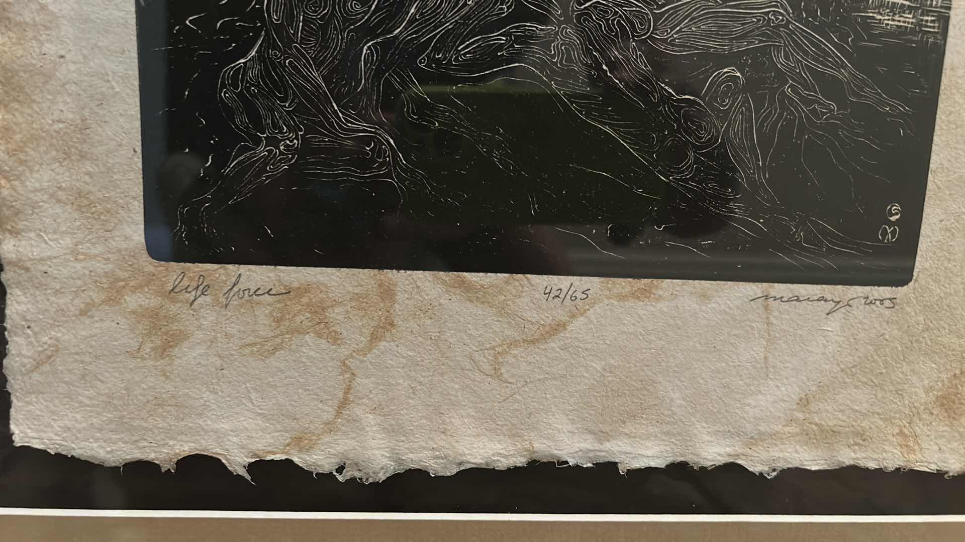 Photo 1 of FRAMED NUMBERED 42/65 SIGNED MARIA ARANGO, ORIGINAL LIMITED EDITION “LIFE FORCE”WOODCUT PRINT ARTWORK WITH COA 19”x H33”