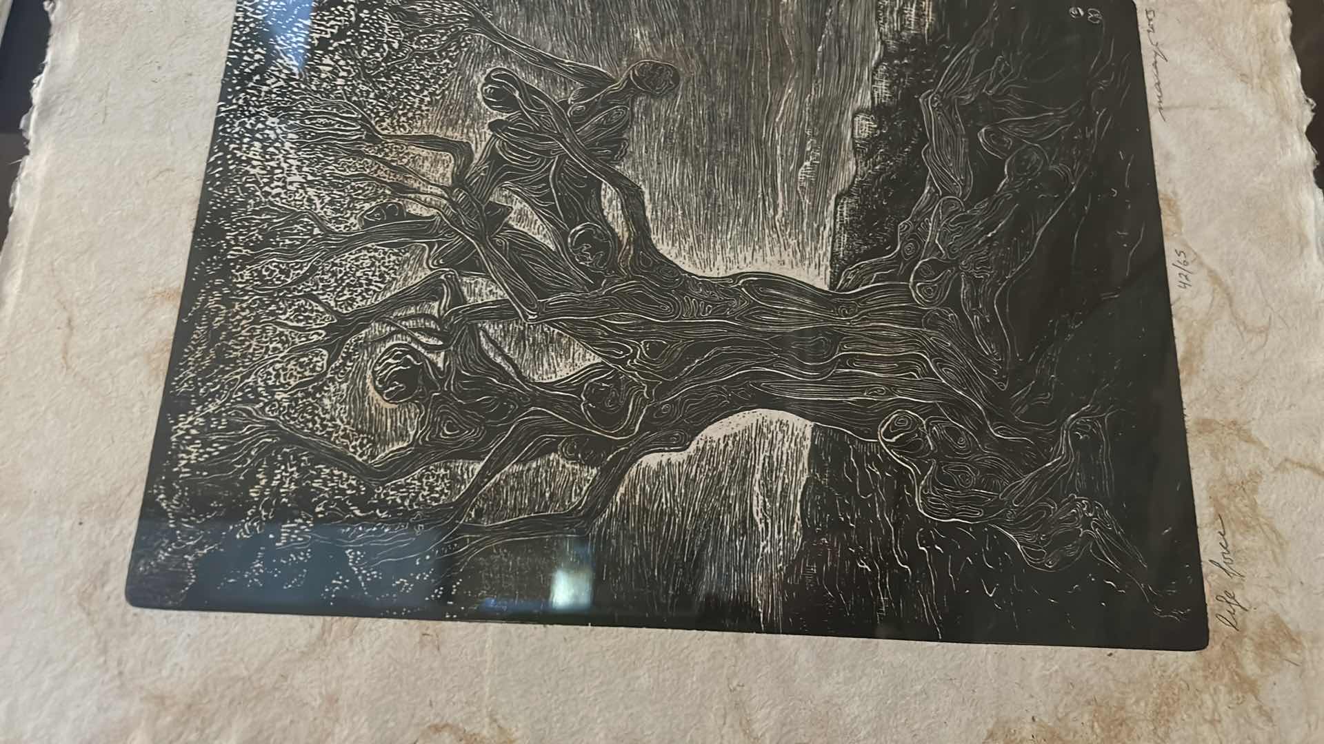 Photo 1 of FRAMED NUMBERED 42/65 SIGNED MARIA ARANGO, ORIGINAL LIMITED EDITION “LIFE FORCE”WOODCUT PRINT ARTWORK WITH COA 19”x H33”
