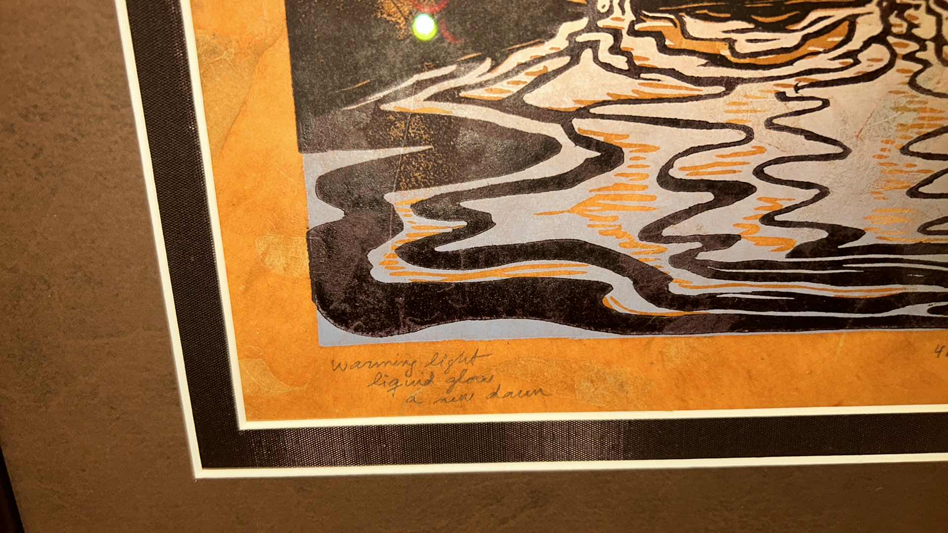 Photo 1 of FRAMED NUMBERED 41/100 SIGNED MARIA ARANGO, ORIGINAL LIMITED EDITION “WARMING LIGHT LIQUID GLOW WOODCUT PRINT ARTWORK WITH COA 19”x H15”