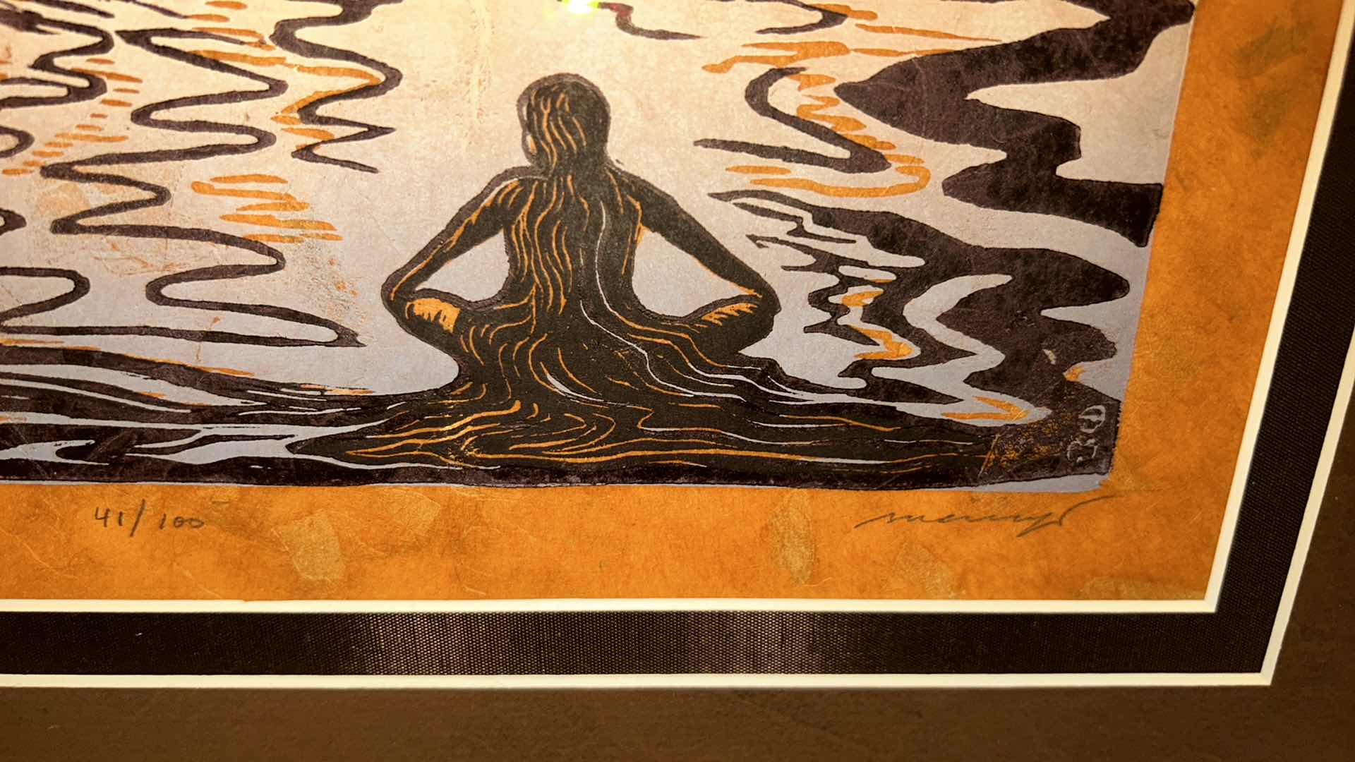 Photo 1 of FRAMED NUMBERED 41/100 SIGNED MARIA ARANGO, ORIGINAL LIMITED EDITION “WARMING LIGHT LIQUID GLOW WOODCUT PRINT ARTWORK WITH COA 19”x H15”