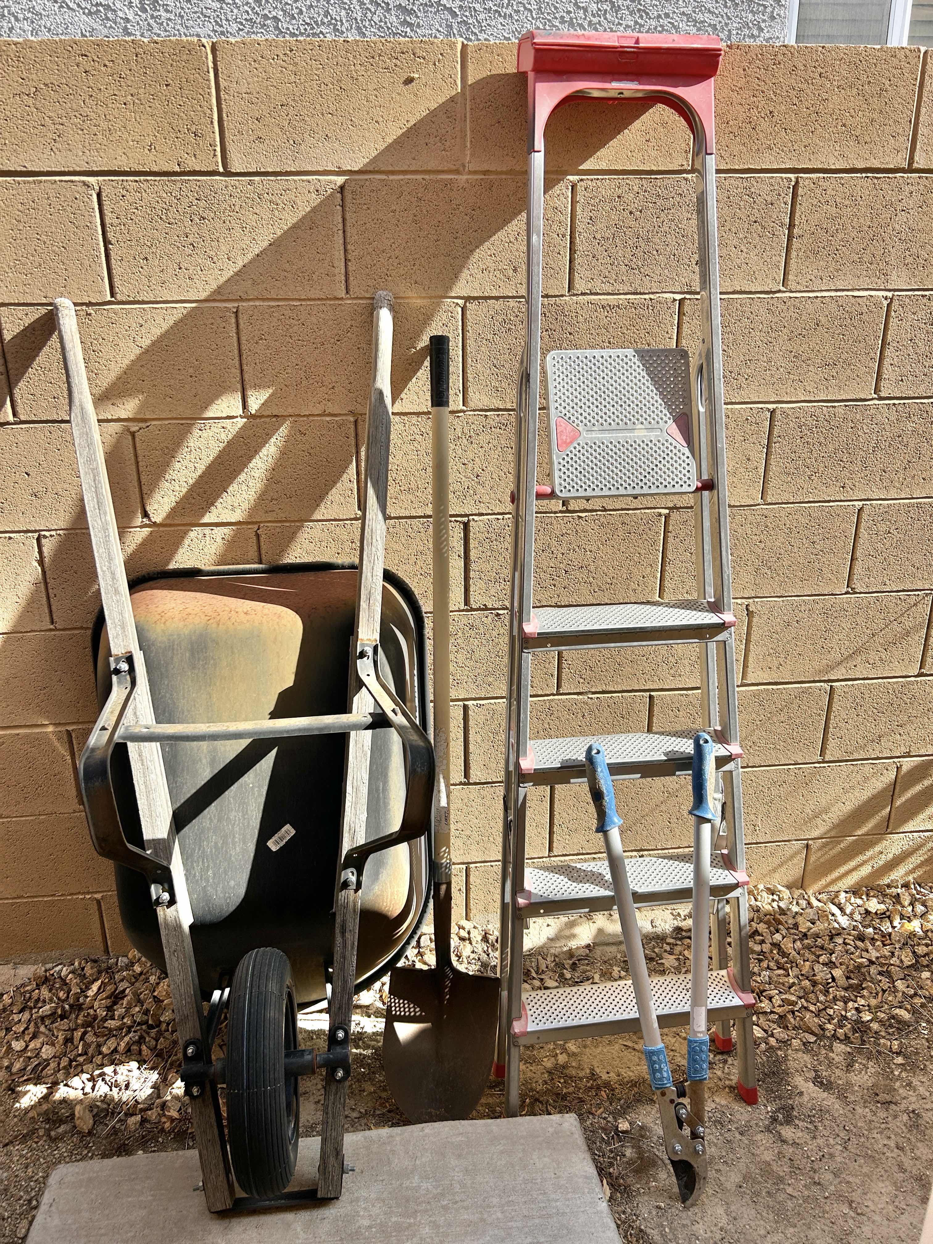 Photo 1 of WHEELBARROW, LADDER, SHOVEL AND SHEARS