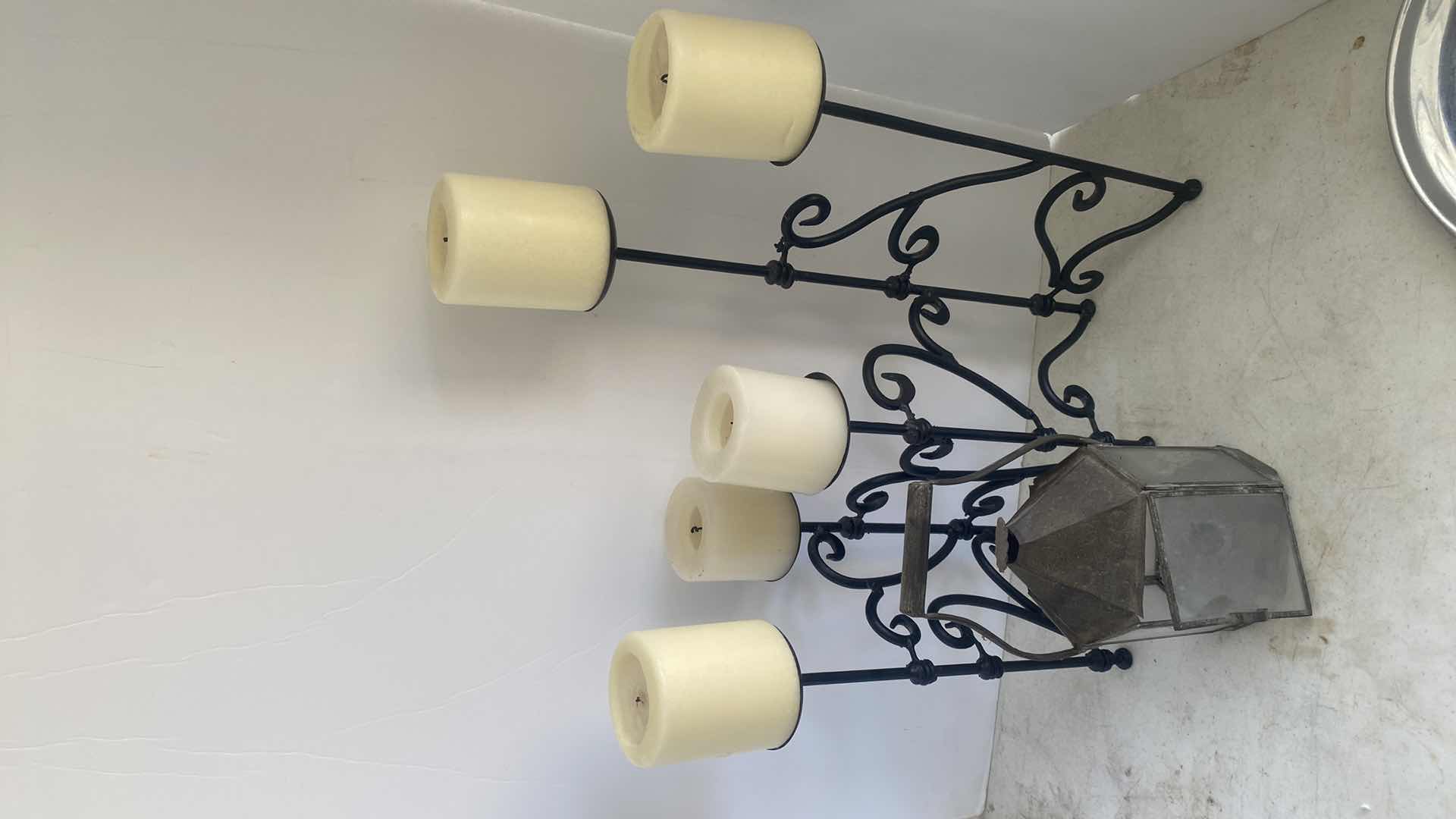 Photo 1 of FOLDING IRON CANDLE HOLDER WITH CANDLES AND SMALL CARRIAGE CANDLE HOLDER 15” x 18” excluding candles