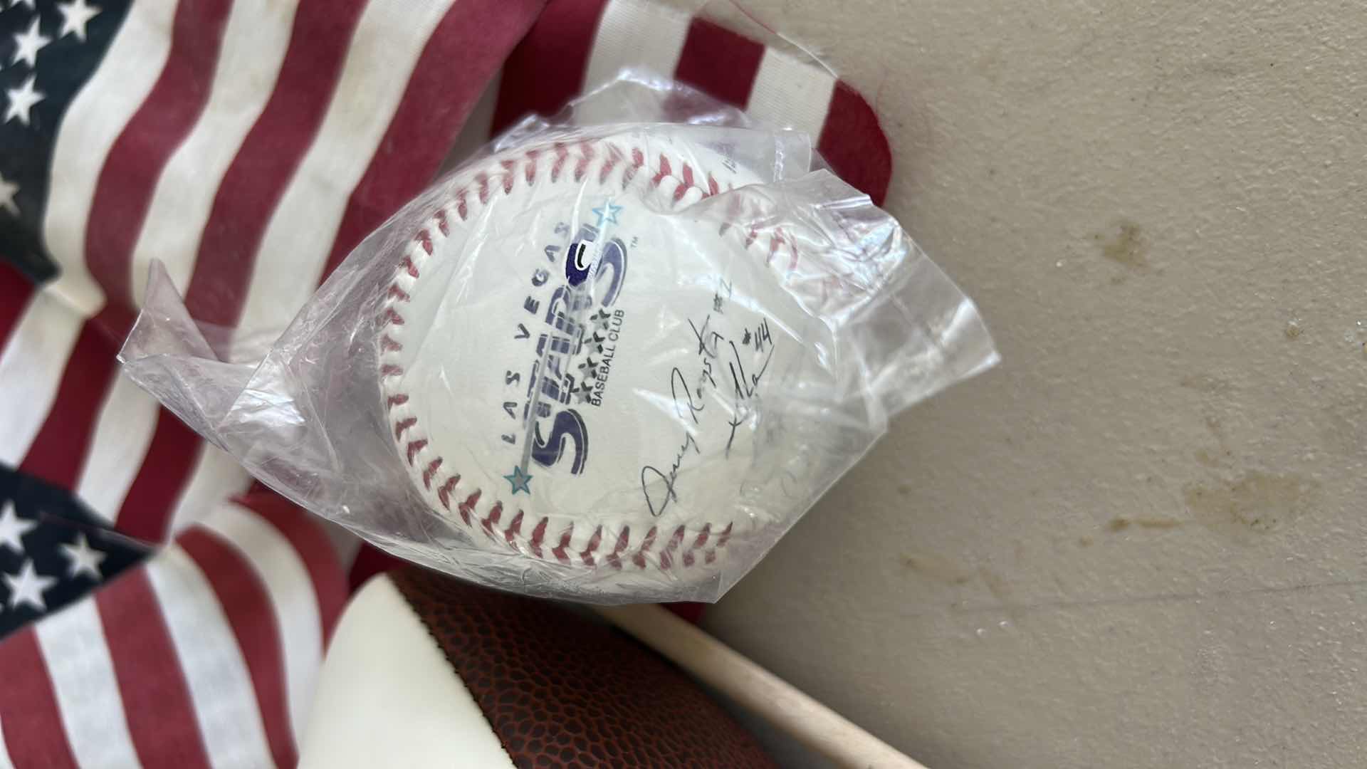 Photo 1 of 6 AMERICAN FLAGS, AUTOGRAPHED LAS VEGAS STARS BASEBALL AND AUTOGRAPHING MINI FOOTBALL