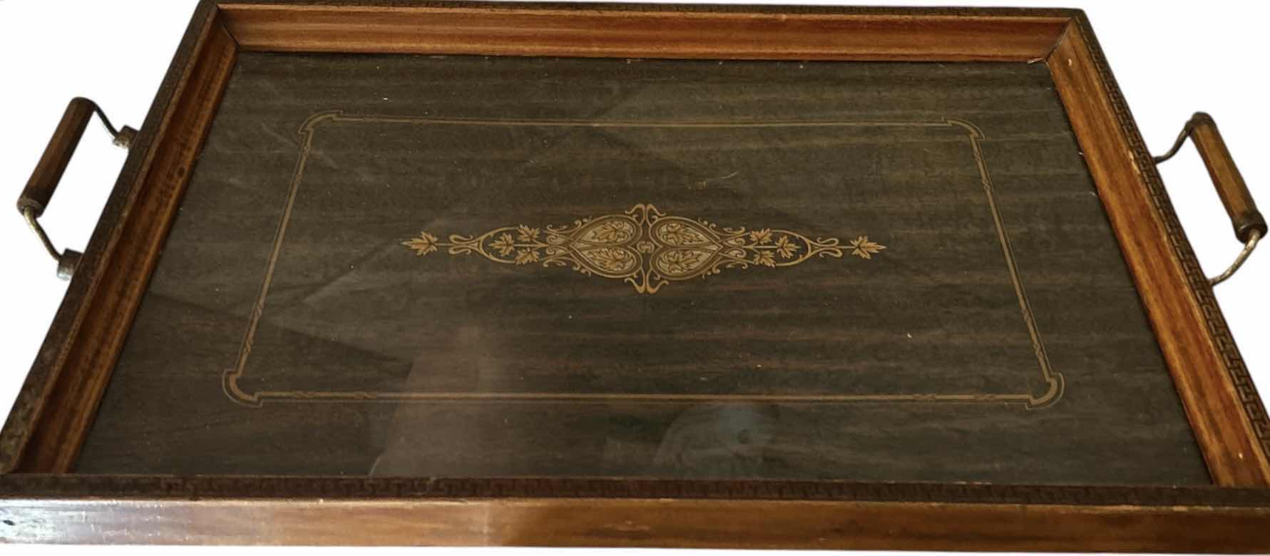 Photo 1 of VINTAGE WOOD GLASS INSERT SERVING TRAY 
21” x 13 1/2”