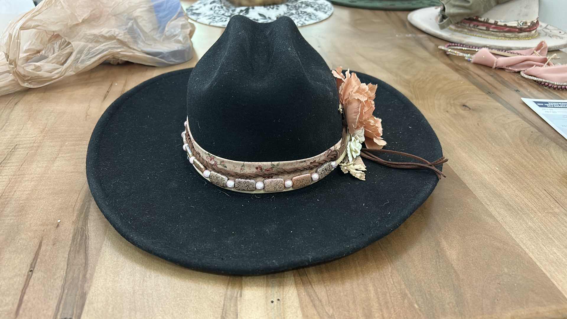 Photo 1 of NEW- CUSTOM 100% WOOL BLACK COWBOY HAT WOMENS LARGE ( ALL ACCESSORIES ARE REMOVABLE AND INTERCHANGEABLE)