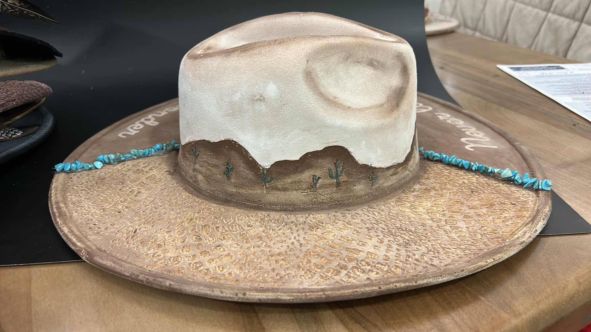 Photo 1 of NEW- HAND PAINTED WESTERN FEDORA WITH REAL TURQUOISE CHIPS ADJUSTABLE SIZE M-L