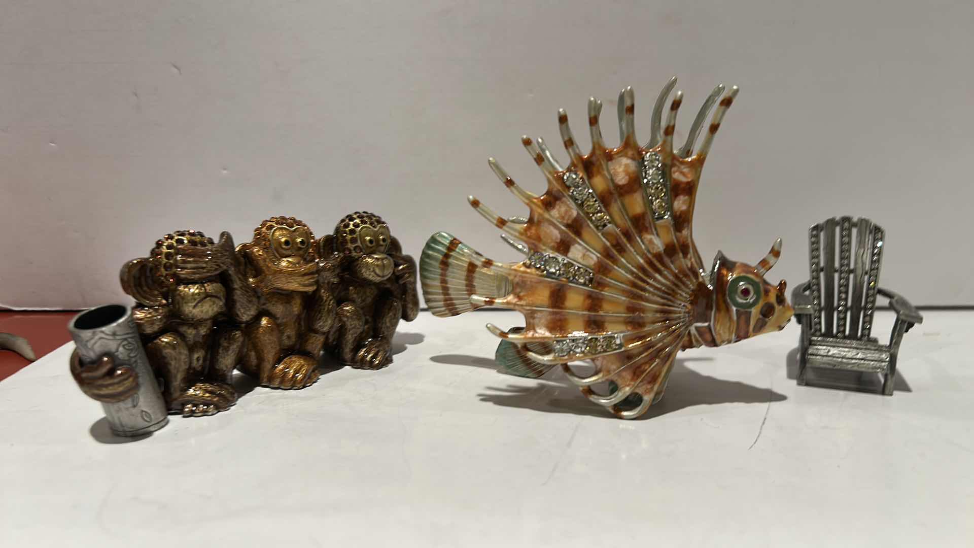 Photo 1 of 3 BEJEWELED MINI ITEMS- MONKEY BUSINESS CARD AND PEN HOLDER, CHAIR, & FISH H4”