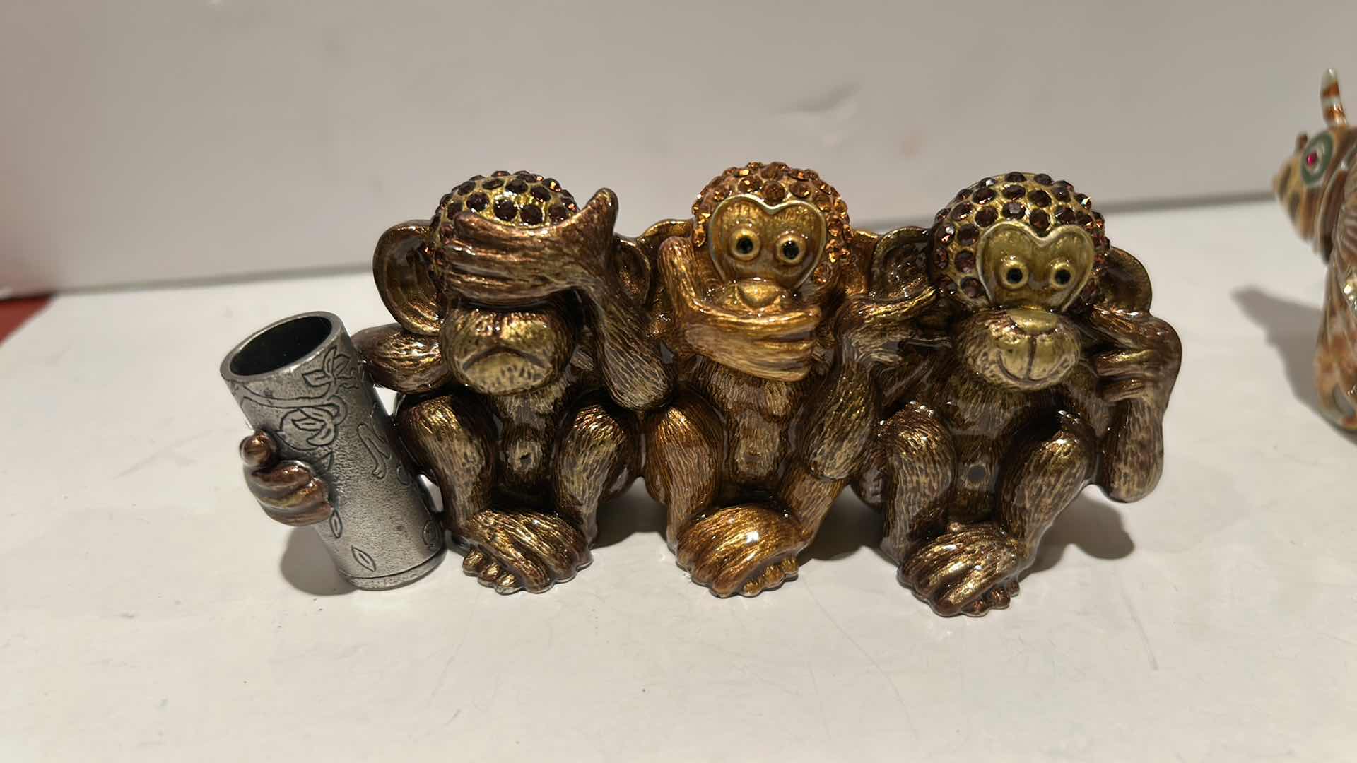 Photo 1 of 3 BEJEWELED MINI ITEMS- MONKEY BUSINESS CARD AND PEN HOLDER, CHAIR, & FISH H4”