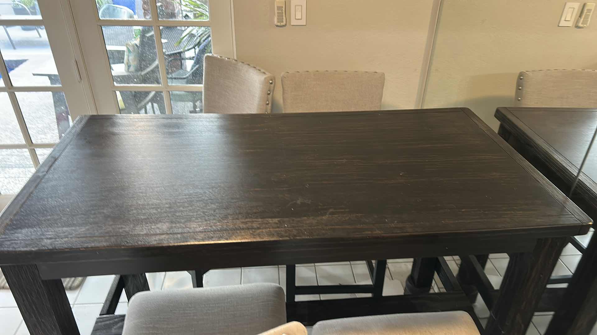 Photo 1 of FURNITURE OF AMERICA SANIA II ANTIQUE BLACK COUNTER HEIGHT DINING TABLE SET WITH GRAY SIDE CHAIRS. 30 ” X 5’ X 42”