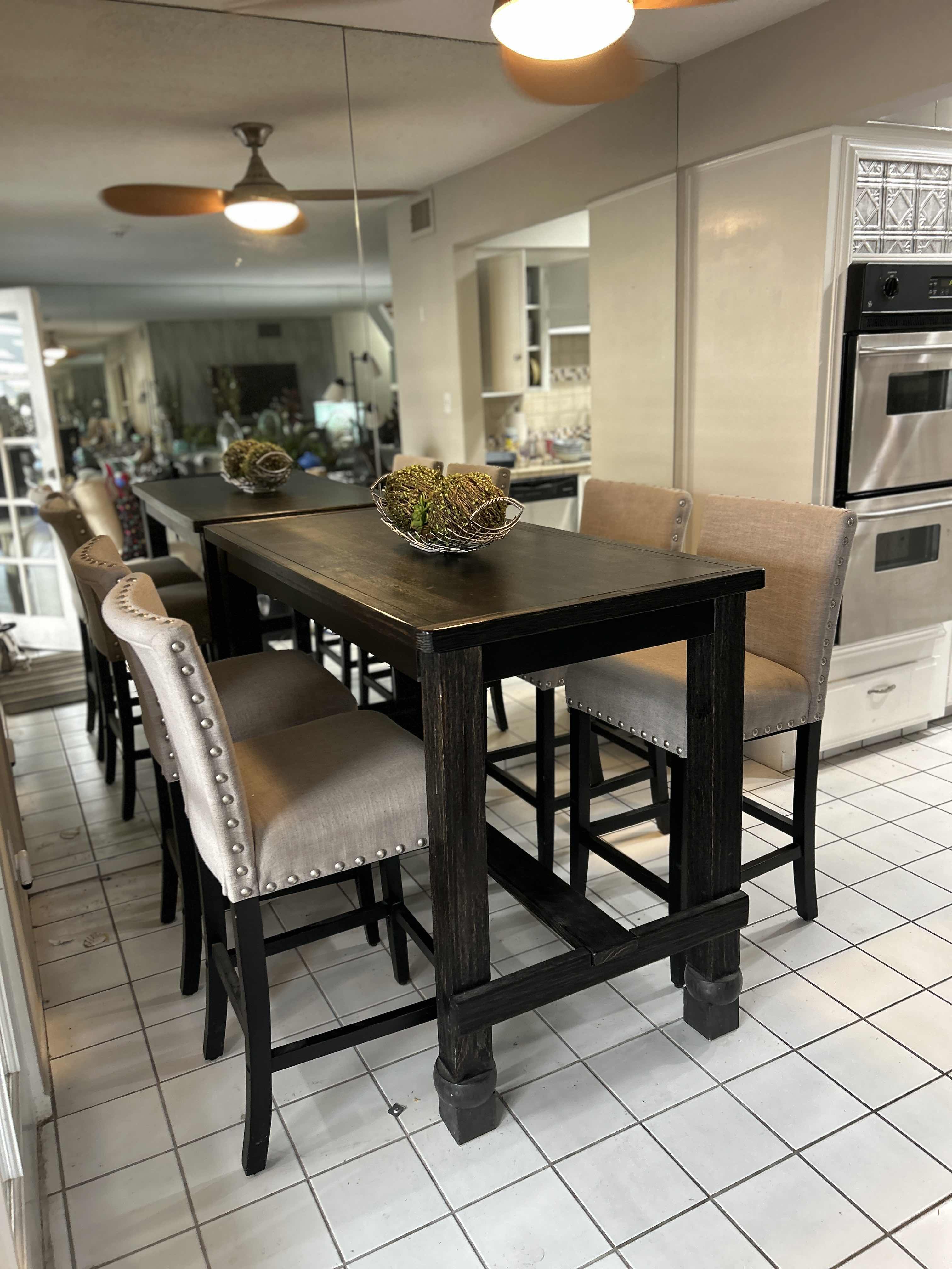 Photo 1 of FURNITURE OF AMERICA SANIA II ANTIQUE BLACK COUNTER HEIGHT DINING TABLE SET WITH GRAY SIDE CHAIRS. 30 ” X 5’ X 42”