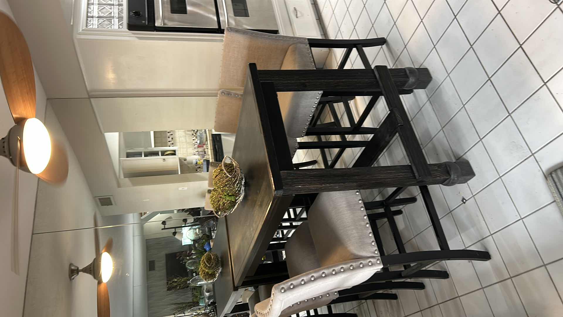 Photo 1 of FURNITURE OF AMERICA SANIA II ANTIQUE BLACK COUNTER HEIGHT DINING TABLE SET WITH GRAY SIDE CHAIRS. 30 ” X 5’ X 42”