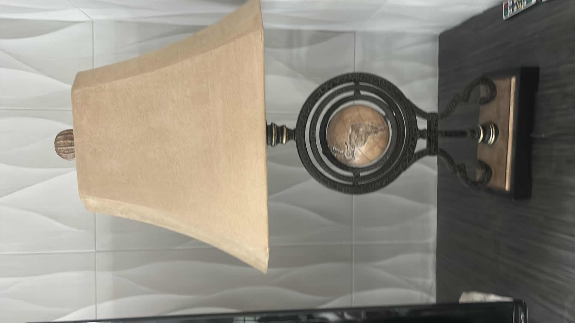 Photo 1 of ALLOY GLOBE TABLE LAMP WITH A BARREL SHADE. H30”