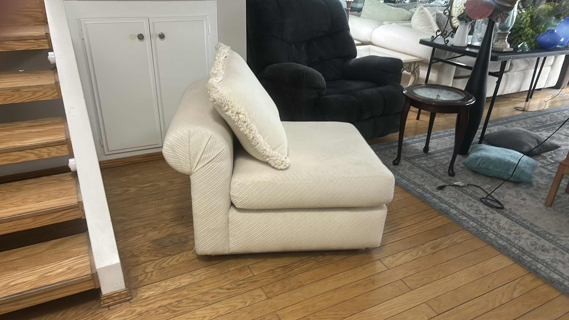 Photo 1 of FURNITURE HANOVER ROLL ARM CHAIR IN A LIGHT-COLORED UPHOLSTERY. 30“ x 40“ x H28“