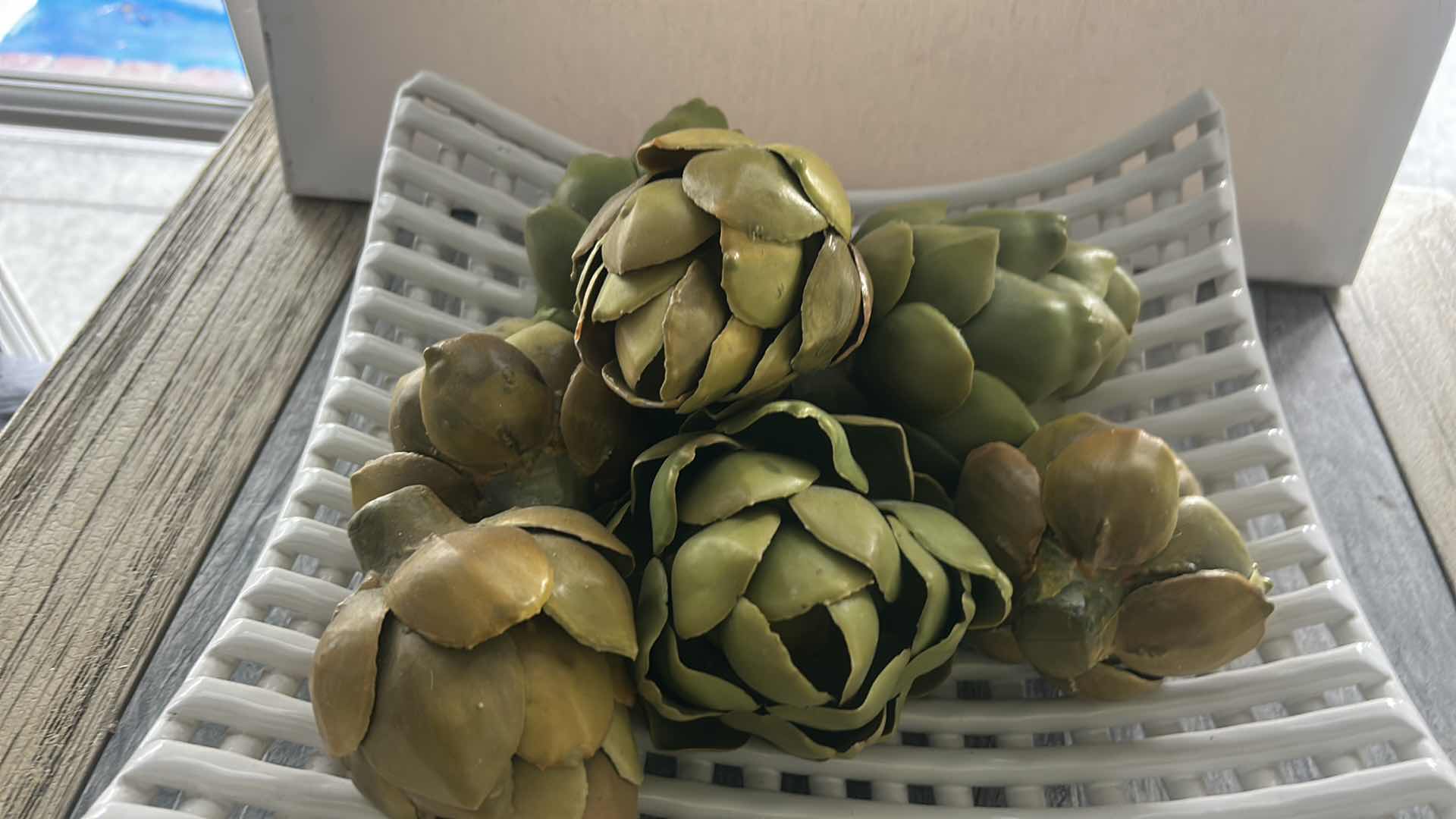 Photo 1 of WHITE CERAMIC BOWL WITH FAUX ARTICHOKES 13” x H4”