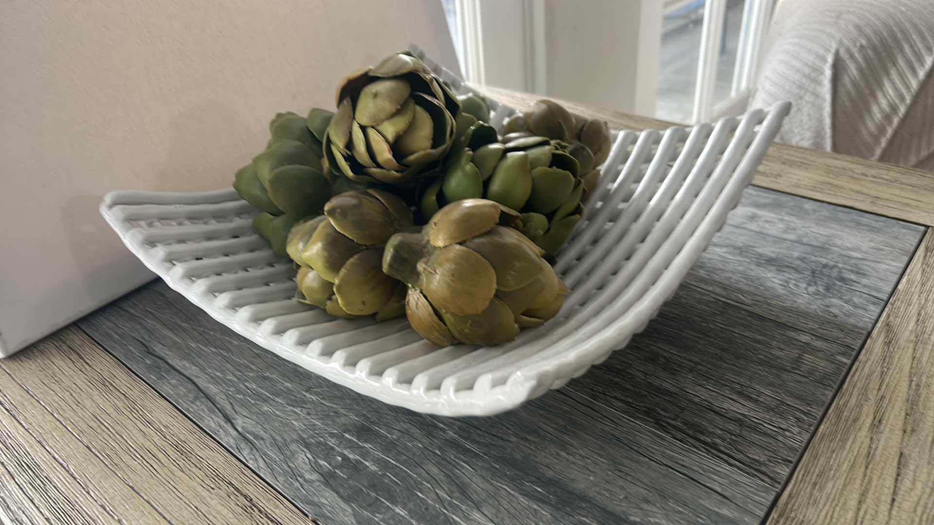 Photo 1 of WHITE CERAMIC BOWL WITH FAUX ARTICHOKES 13” x H4”