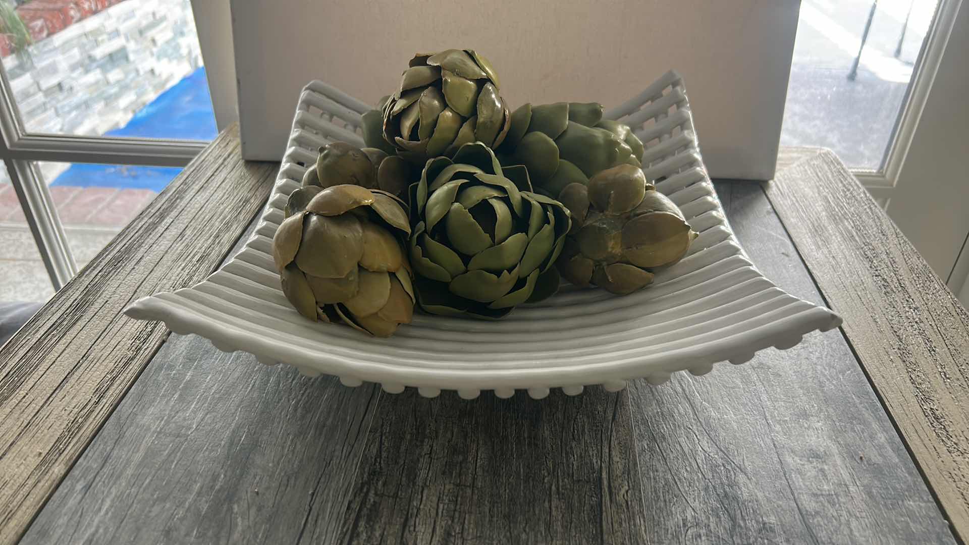 Photo 1 of WHITE CERAMIC BOWL WITH FAUX ARTICHOKES 13” x H4”
