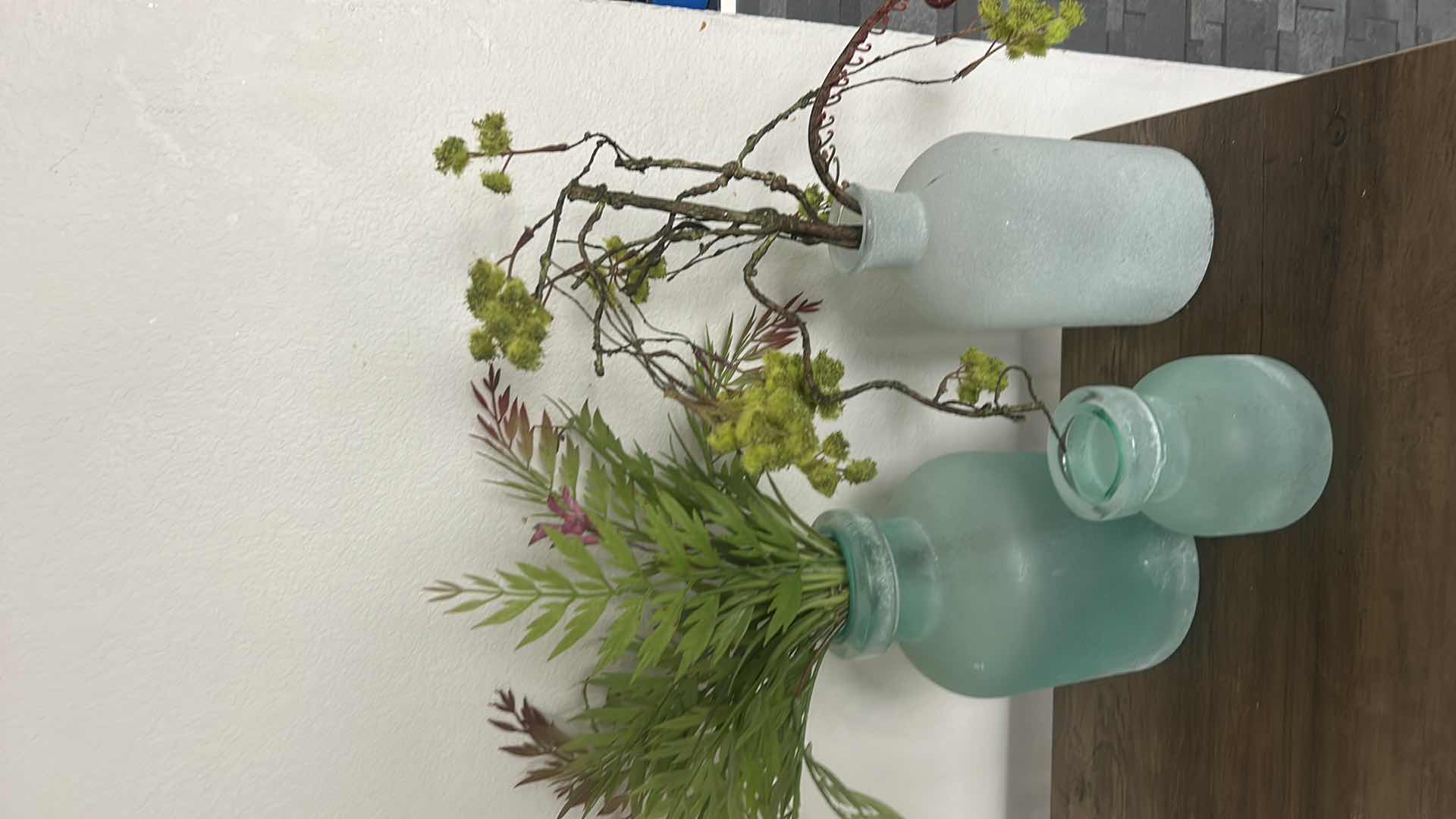 Photo 1 of 3 FROSTED GLASS VASES WITH FAUX FLOWERS H8”